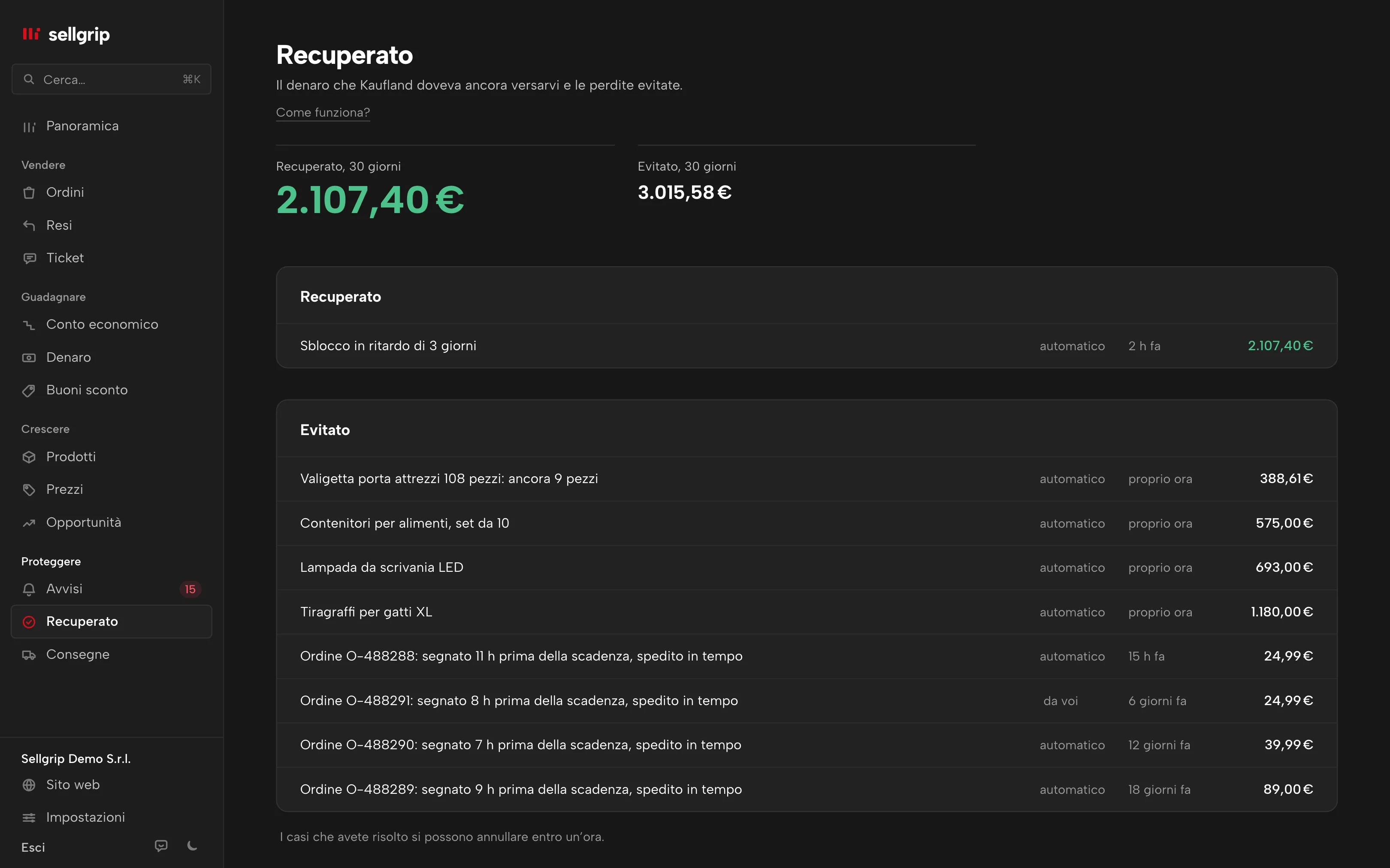 Recuperato in Sellgrip: due totali e le prove con il loro importo.