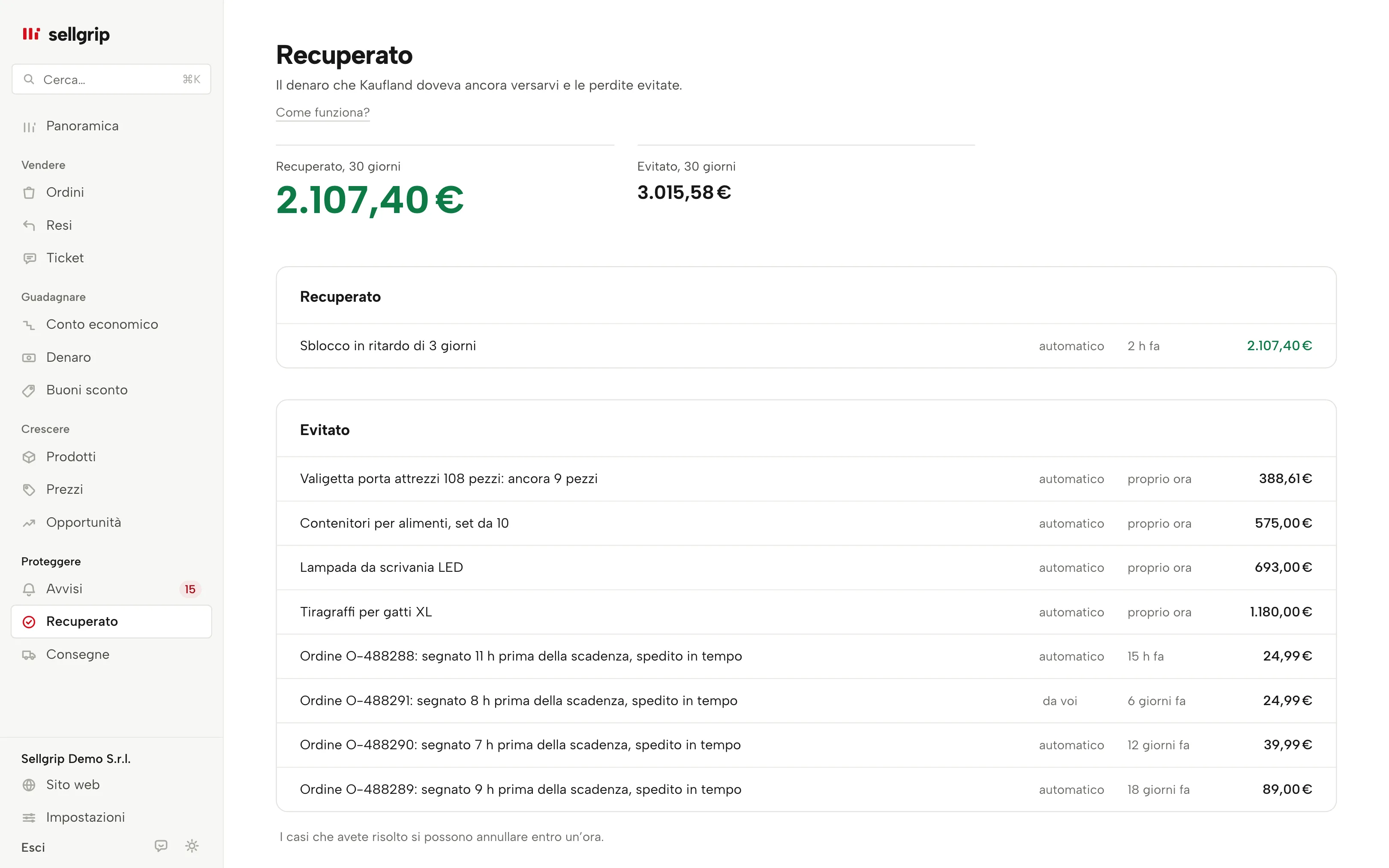 Recuperato in Sellgrip: due totali e le prove con il loro importo.