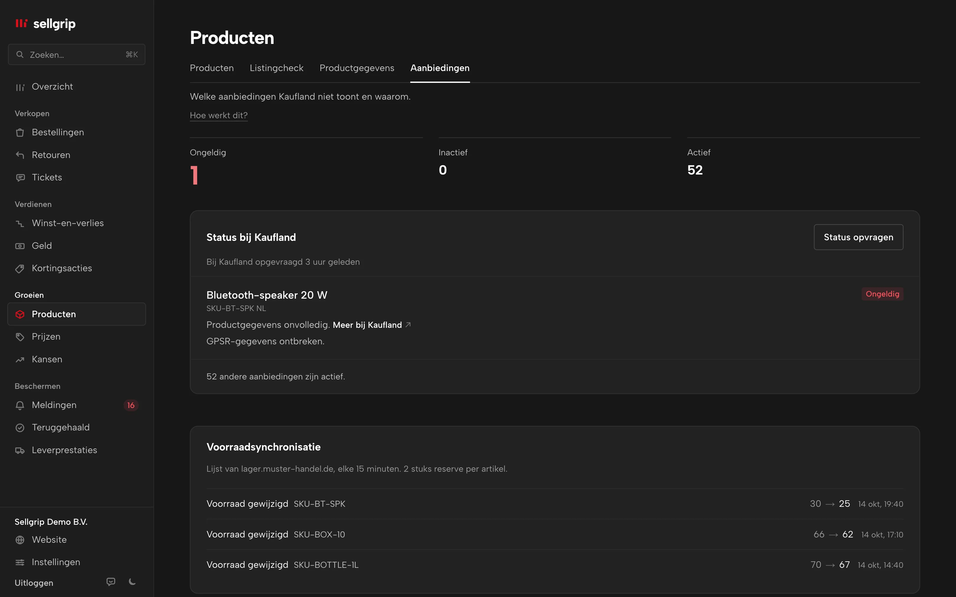 Aanbiedingen in Sellgrip: de status bij Kaufland per aanbieding en de voorraadsynchronisatie.