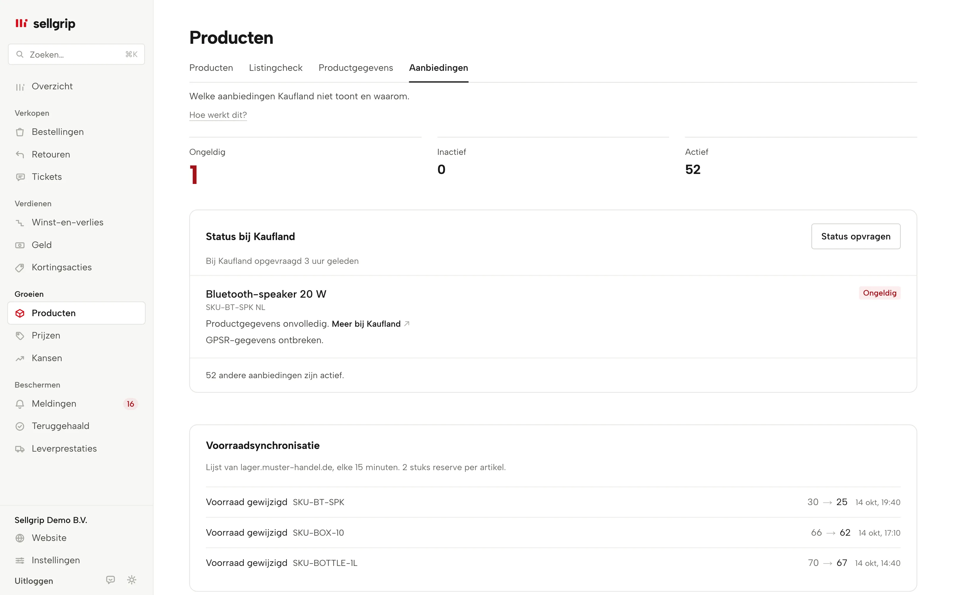 Aanbiedingen in Sellgrip: de status bij Kaufland per aanbieding en de voorraadsynchronisatie.