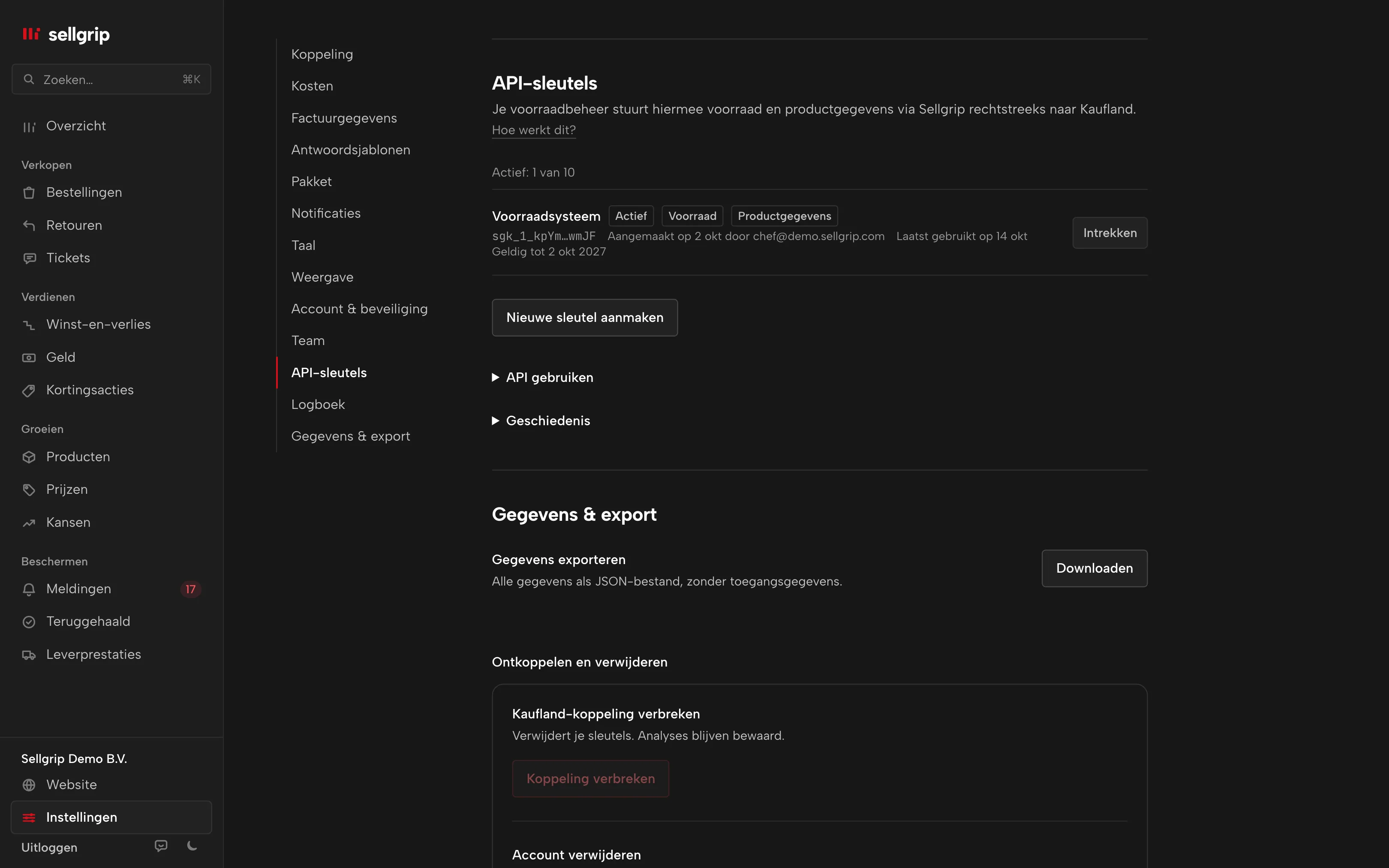 API-sleutels in Sellgrip: de sleutels met rechten, laatste gebruik en vervaldatum.