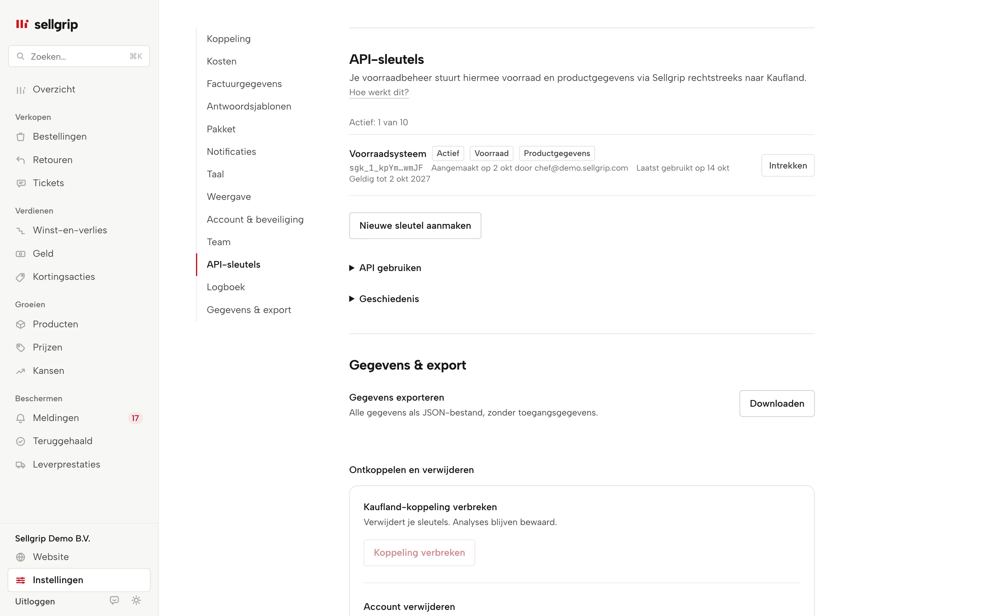 API-sleutels in Sellgrip: de sleutels met rechten, laatste gebruik en vervaldatum.