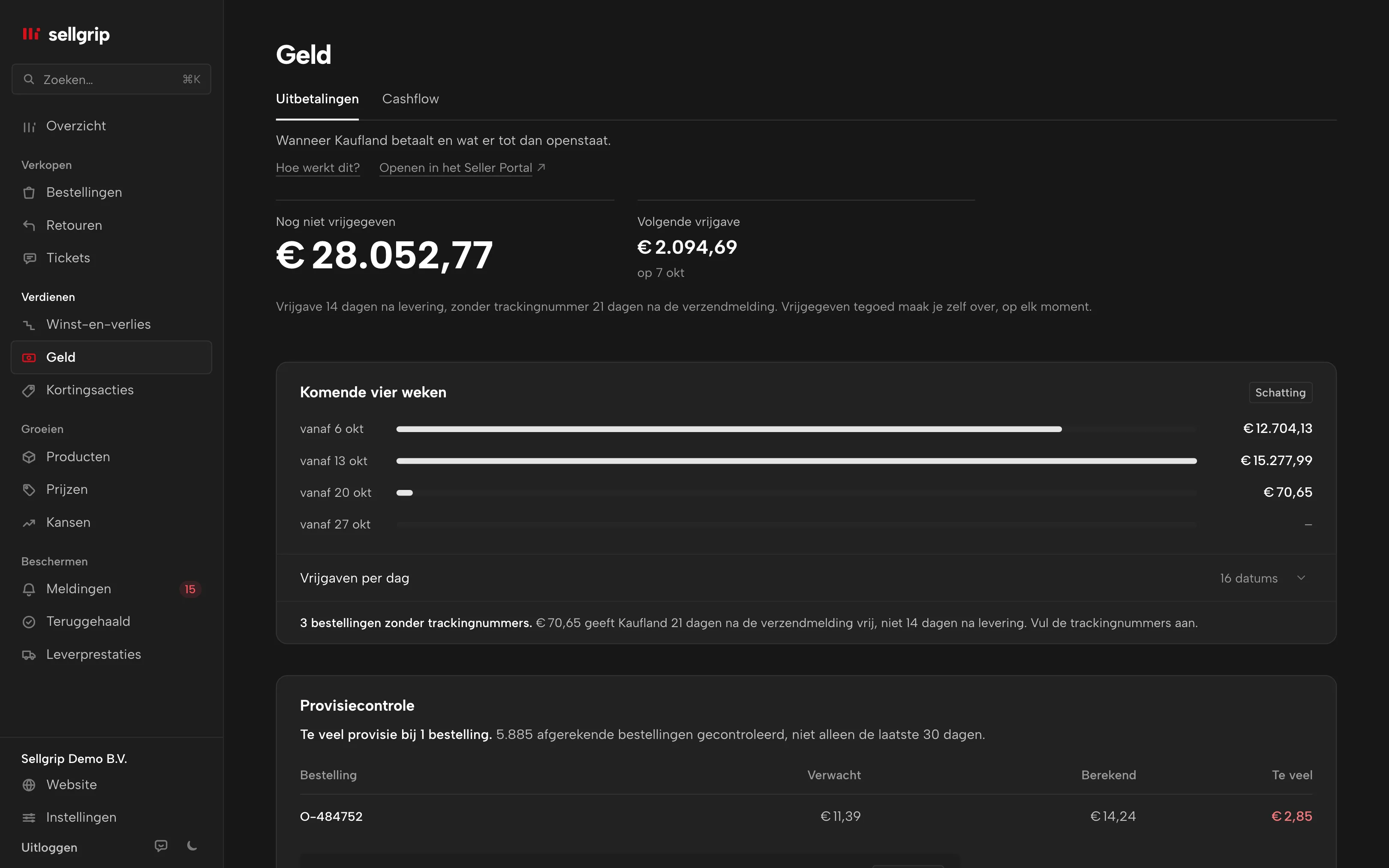 Uitbetalingen in Sellgrip: nog niet vrijgegeven geld, de volgende vrijgave en een achterstallige vrijgave met tekst voor Kaufland.