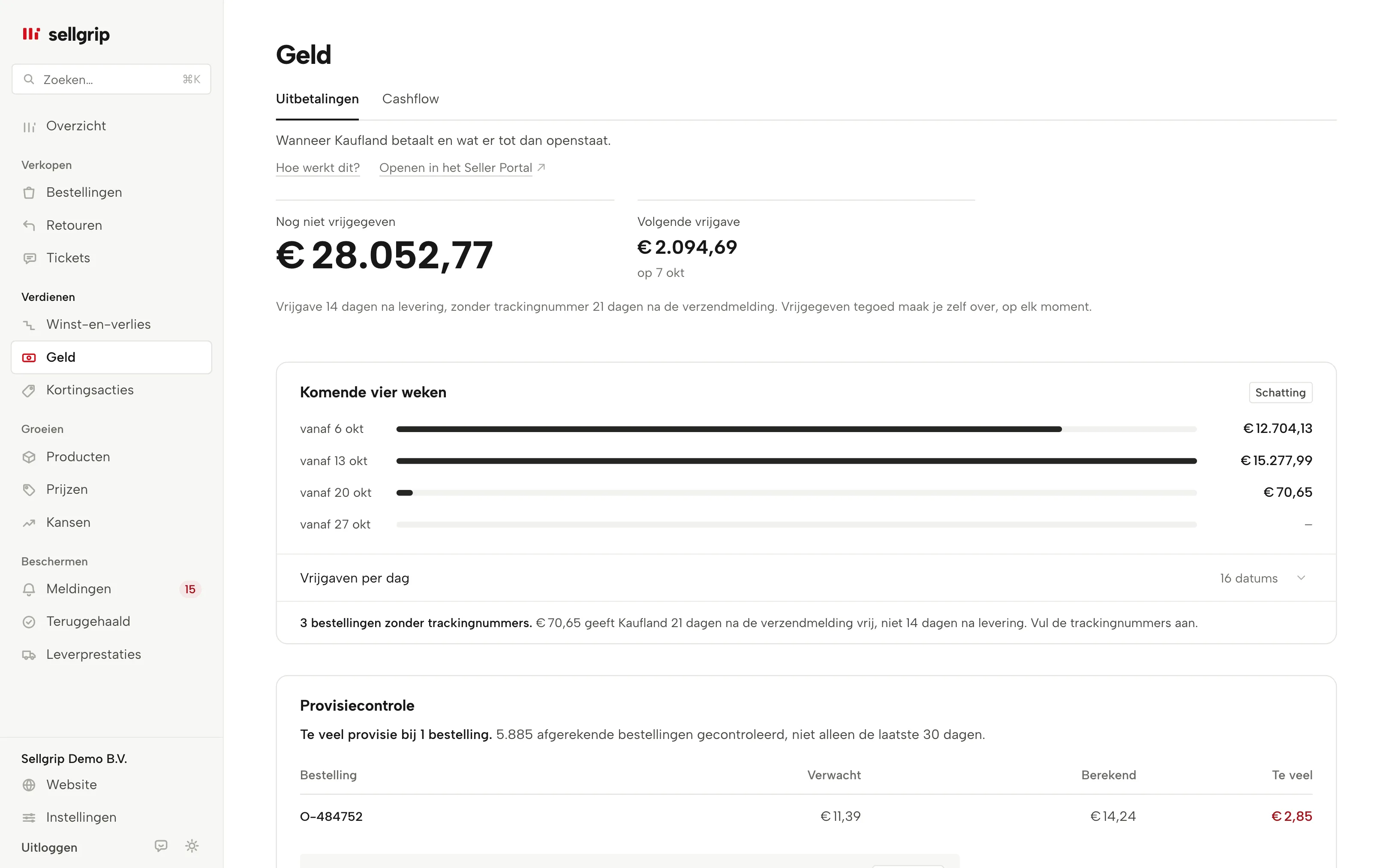 Uitbetalingen in Sellgrip: nog niet vrijgegeven geld, de volgende vrijgave en een achterstallige vrijgave met tekst voor Kaufland.