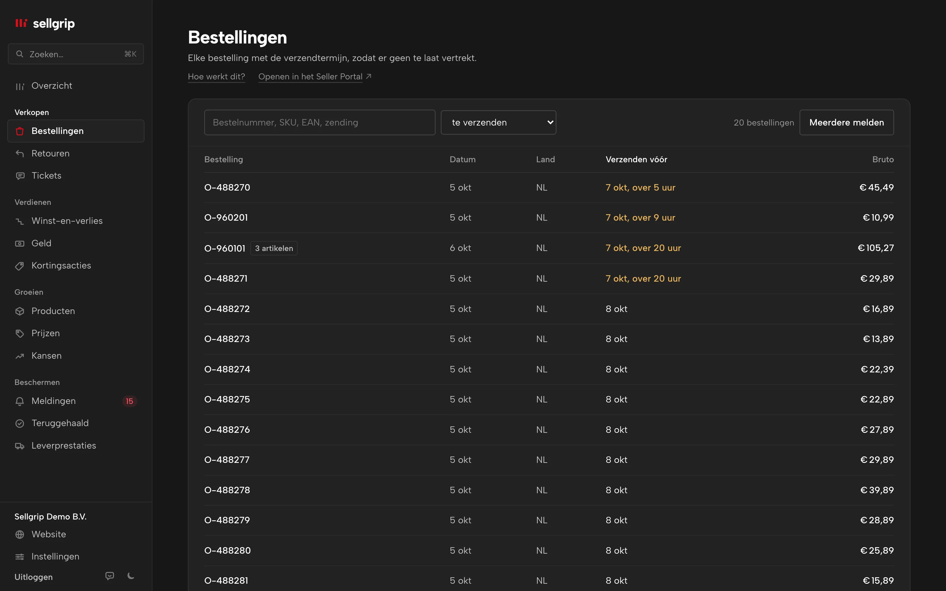 Bestellingen in Sellgrip: zoeken, statusfilter en de kolom Verzenden vóór.