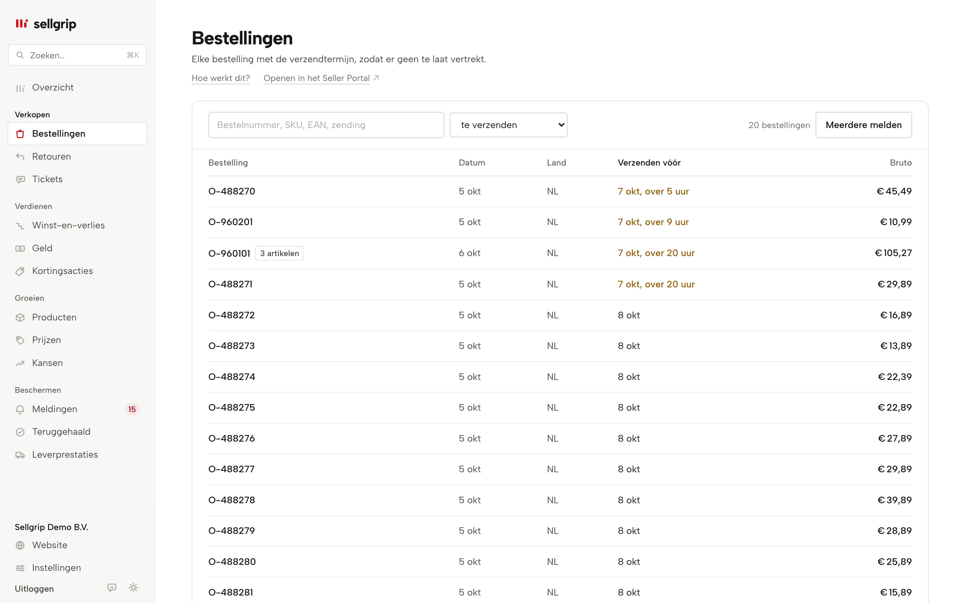 Bestellingen in Sellgrip: zoeken, statusfilter en de kolom Verzenden vóór.