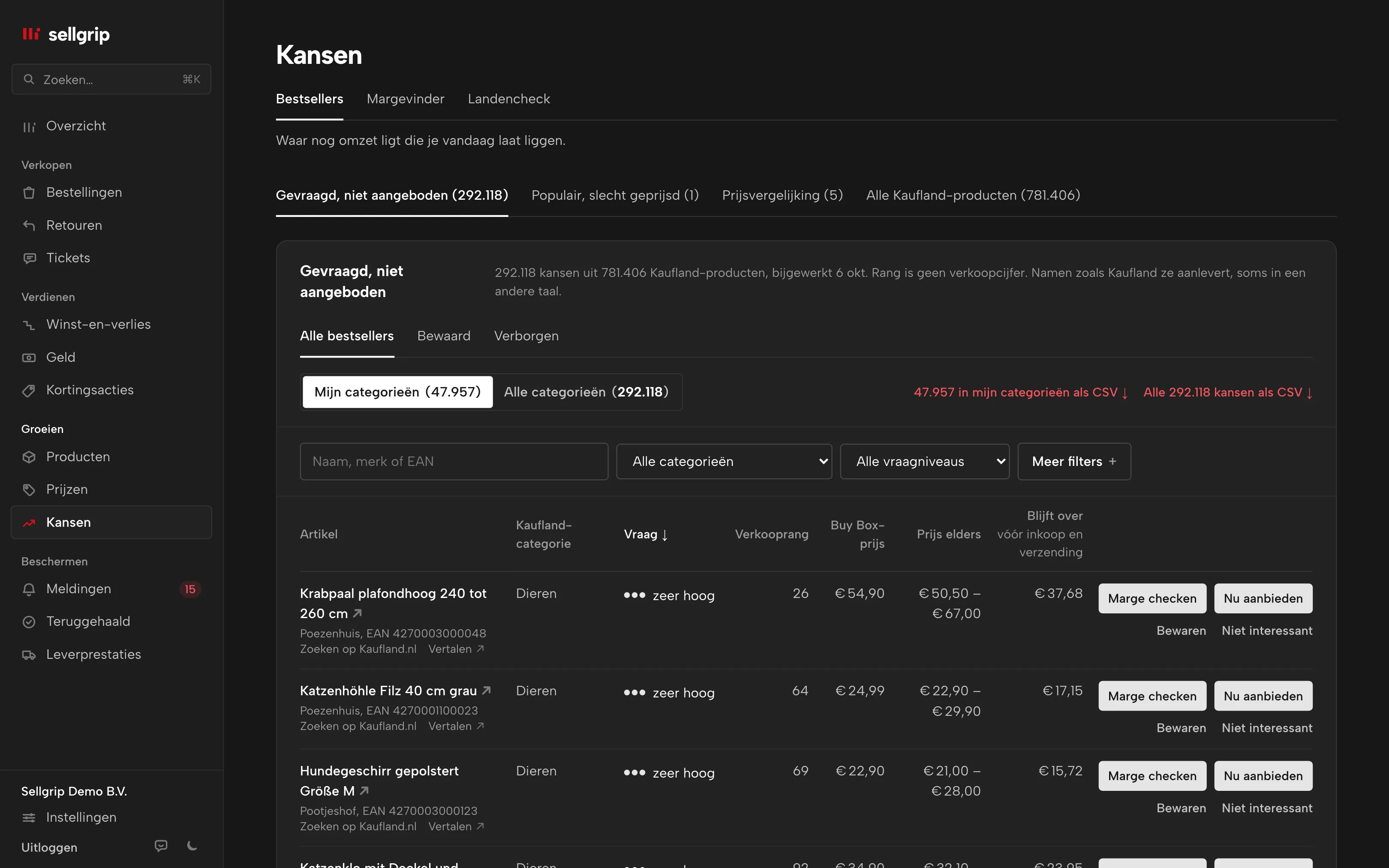 Kansen in Sellgrip met de prijsvergelijking: je prijs naast het laagste aanbod op Kaufland en de Buy Box-prijs.