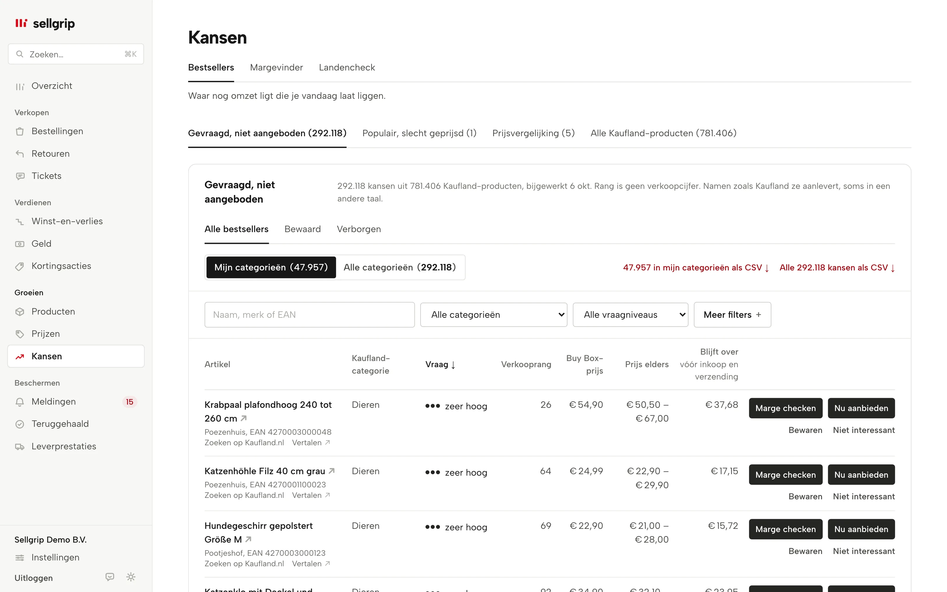 Kansen in Sellgrip met de prijsvergelijking: je prijs naast het laagste aanbod op Kaufland en de Buy Box-prijs.