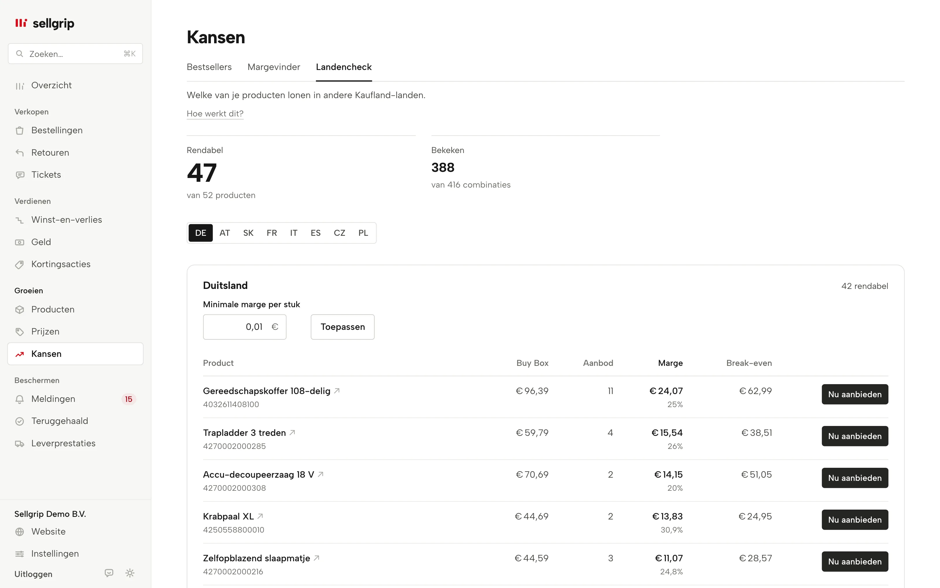 Landencheck in Sellgrip met één regel per land, het aantal rendabele producten en de beste marge.