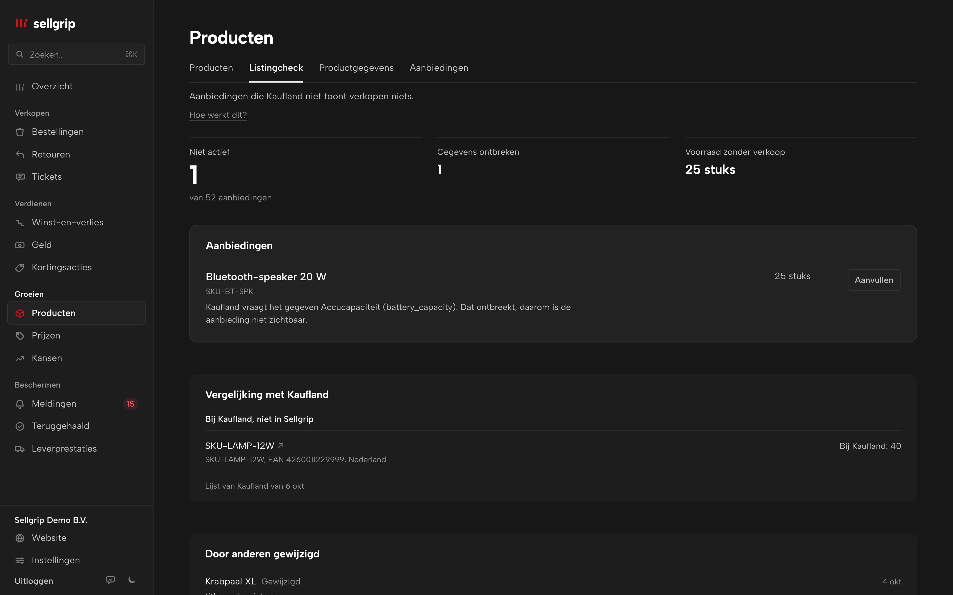Listingcheck in Sellgrip: aanbiedingen die Kaufland niet toont, met de reden en de knop Wijzigen.