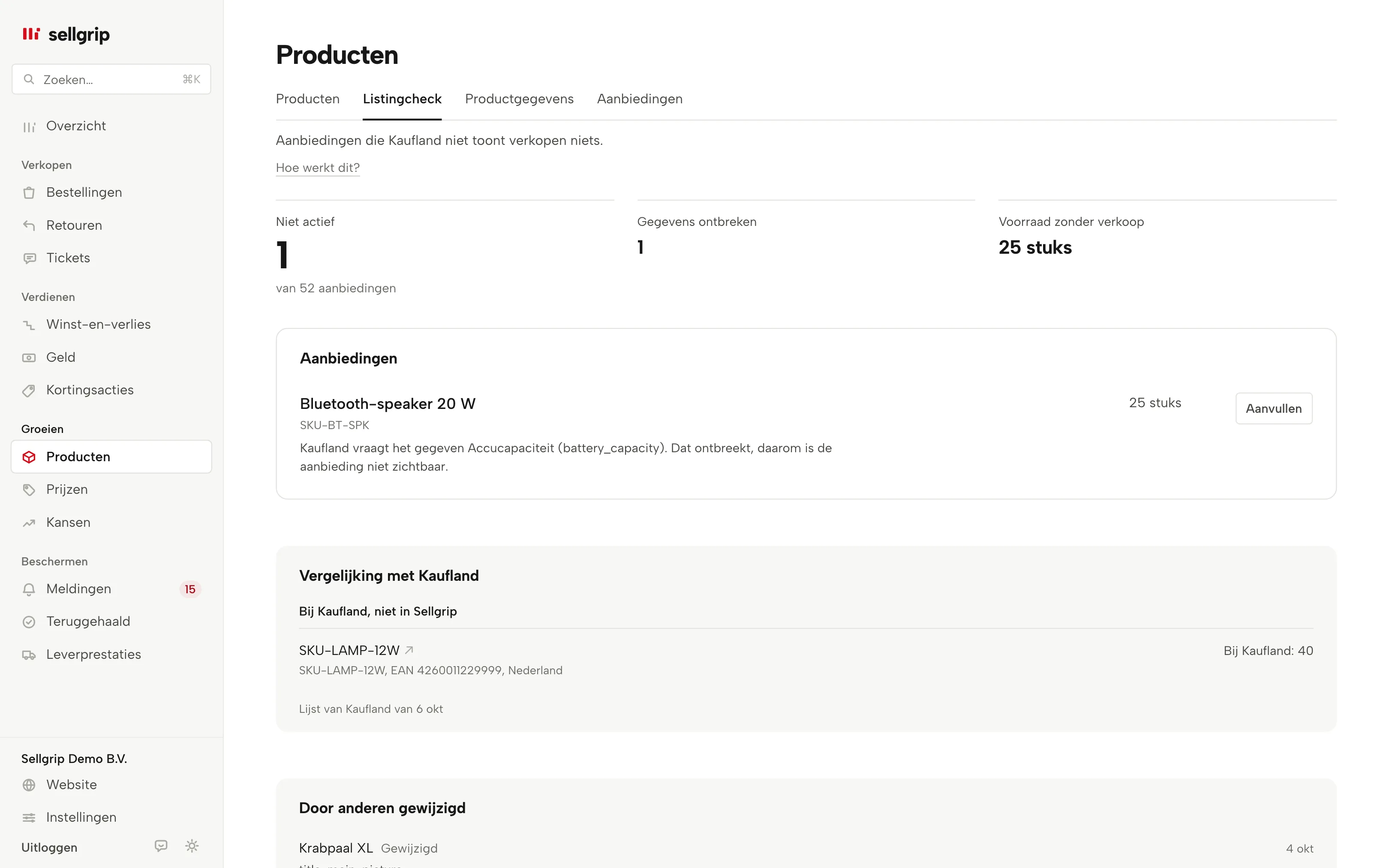 Listingcheck in Sellgrip: aanbiedingen die Kaufland niet toont, met de reden en de knop Wijzigen.