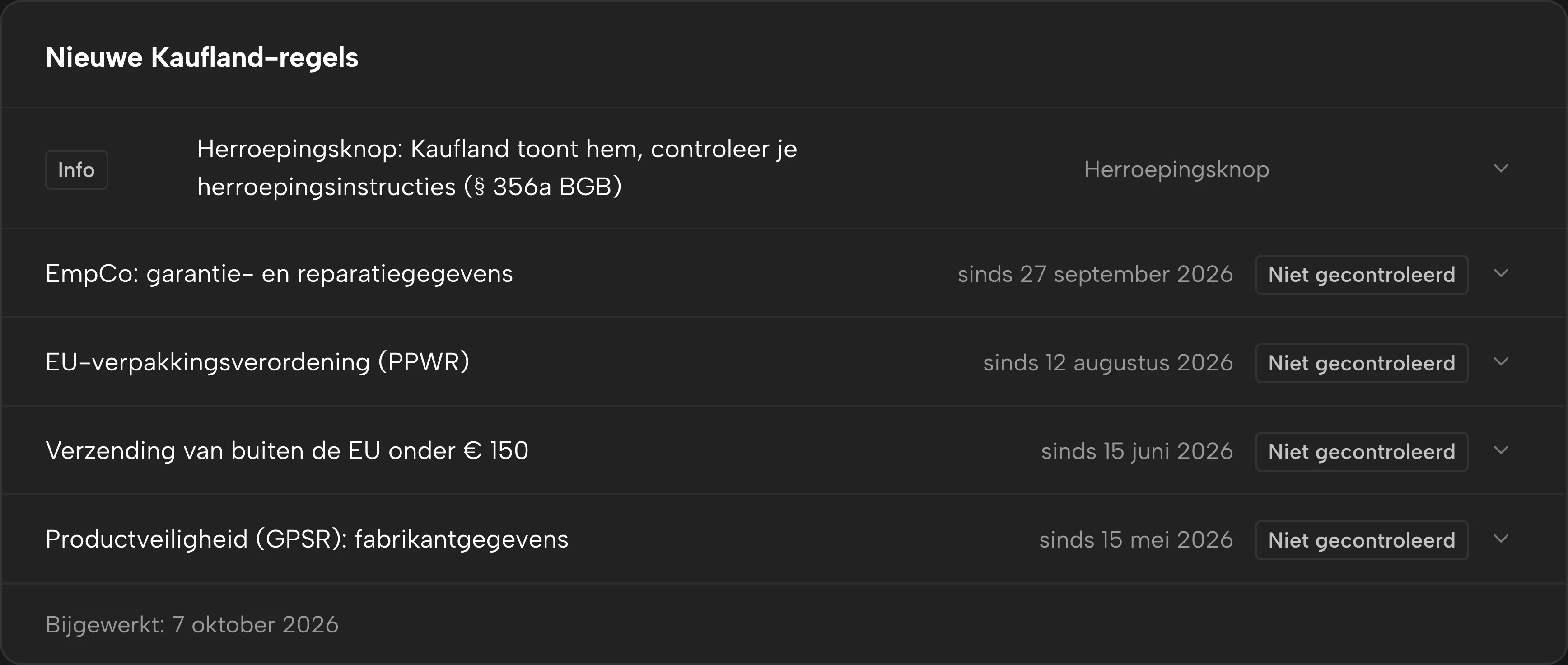 Nieuwe Kaufland-regels in Sellgrip, met datum en status.