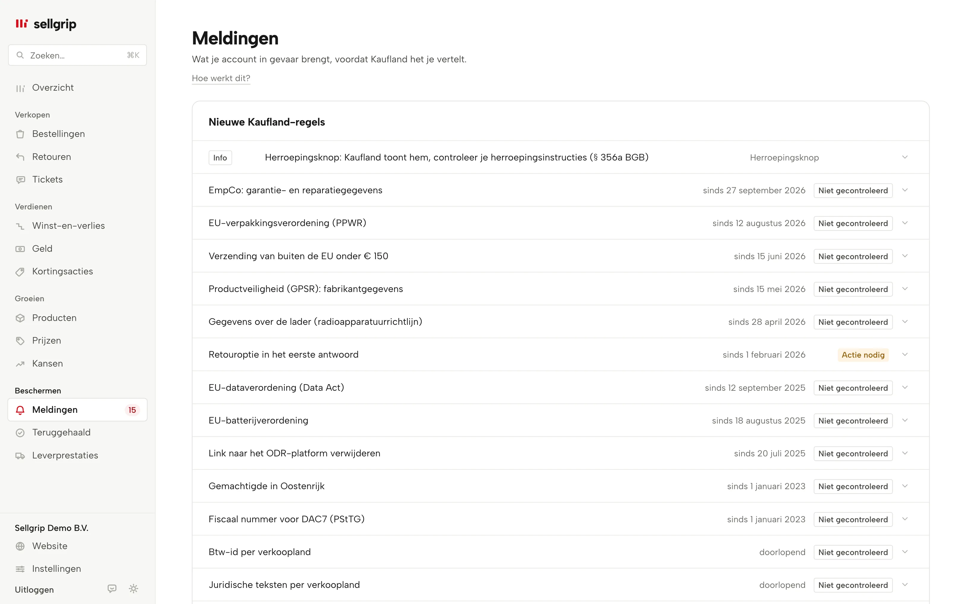 De meldingen in Sellgrip, bovenaan Accountgezondheid met een accountrisico.