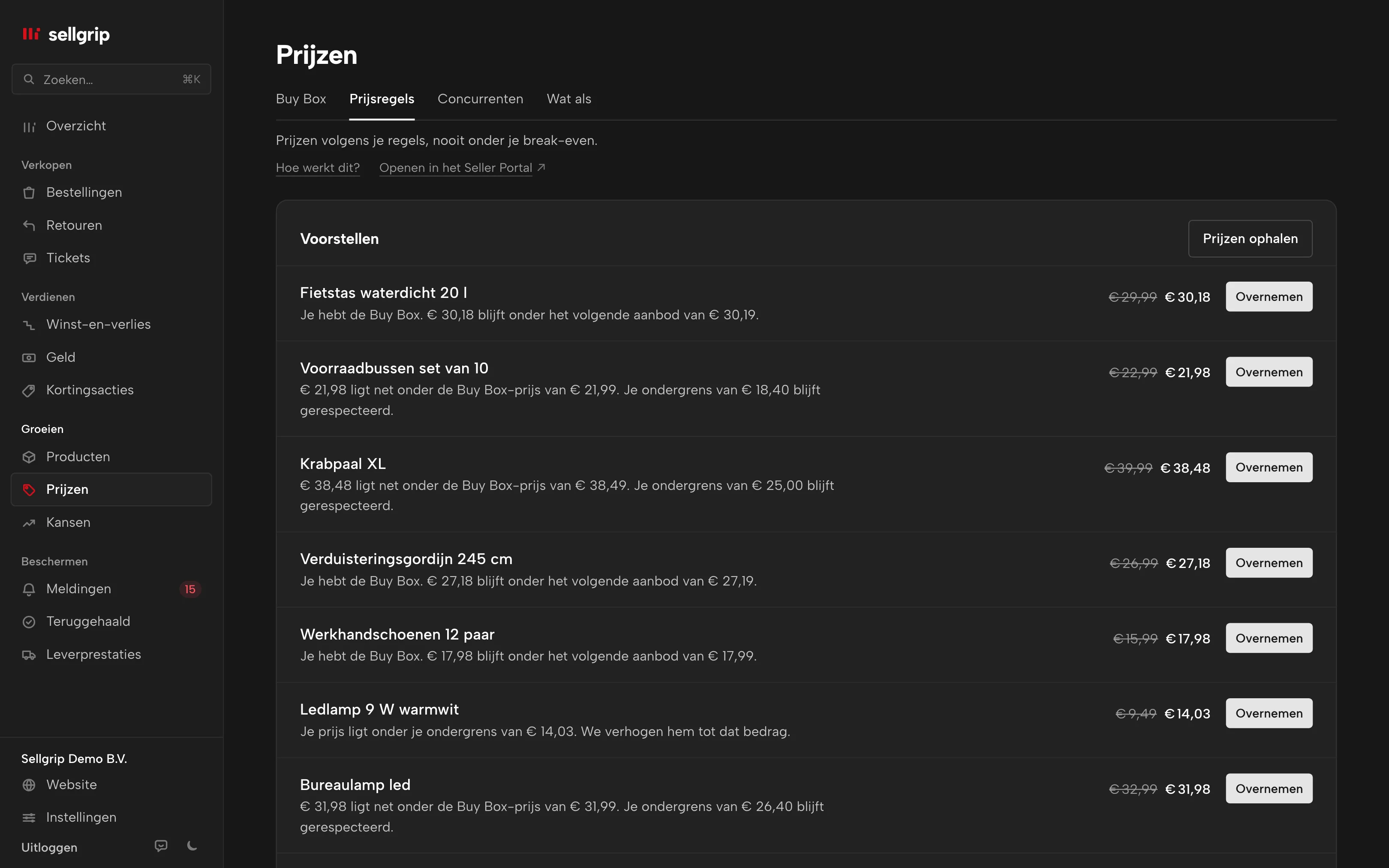 Prijsregels in Sellgrip met voorstellen per product, ondergrens en noodstop.