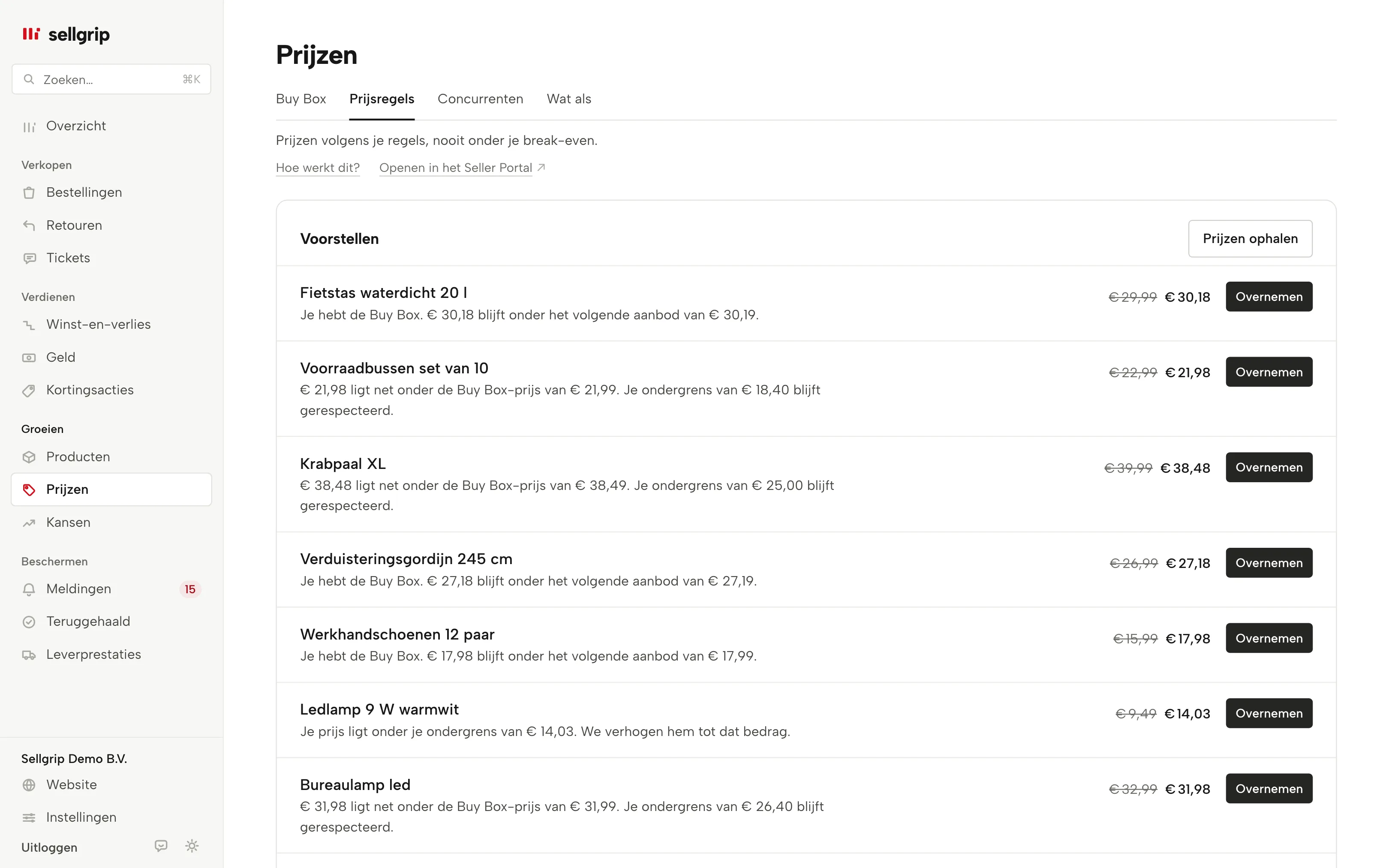 Prijsregels in Sellgrip met voorstellen per product, ondergrens en noodstop.