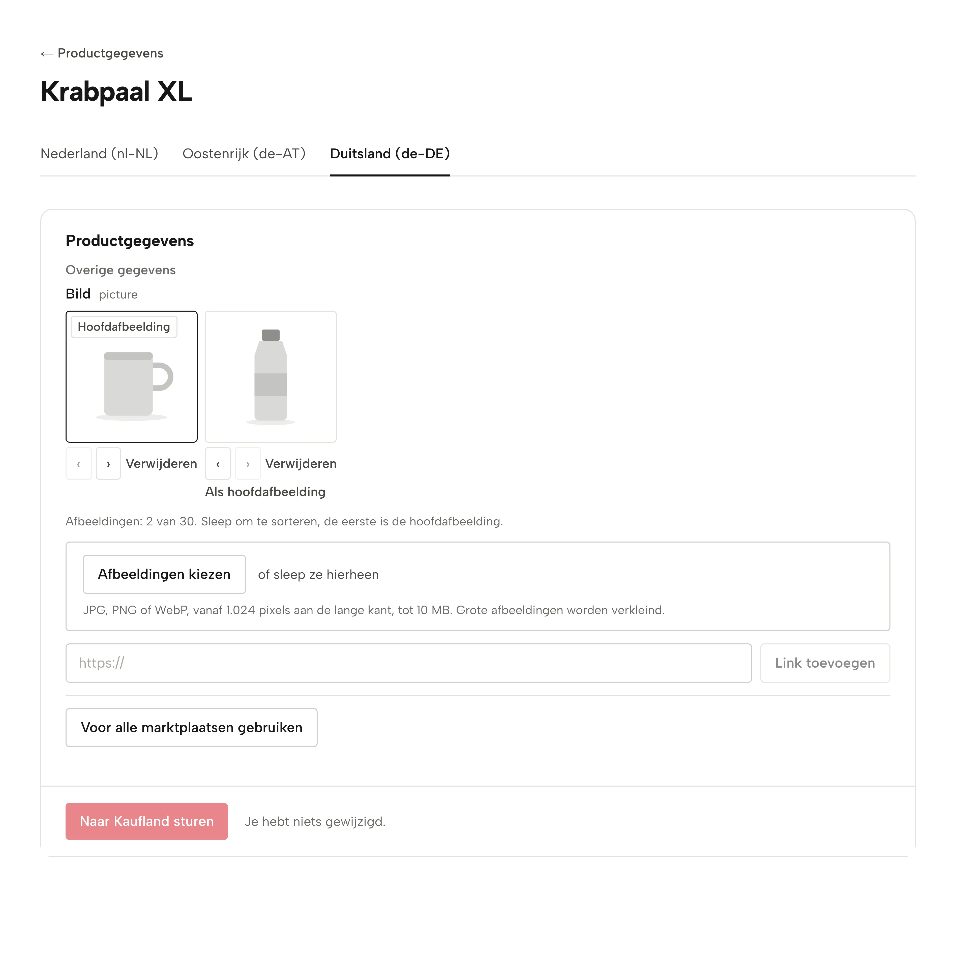 Productgegevens van één product in Sellgrip: een tab per Kaufland-winkel, de afbeeldingen met de hoofdafbeelding voorop en het veld om er meer te kiezen, te slepen of te linken.