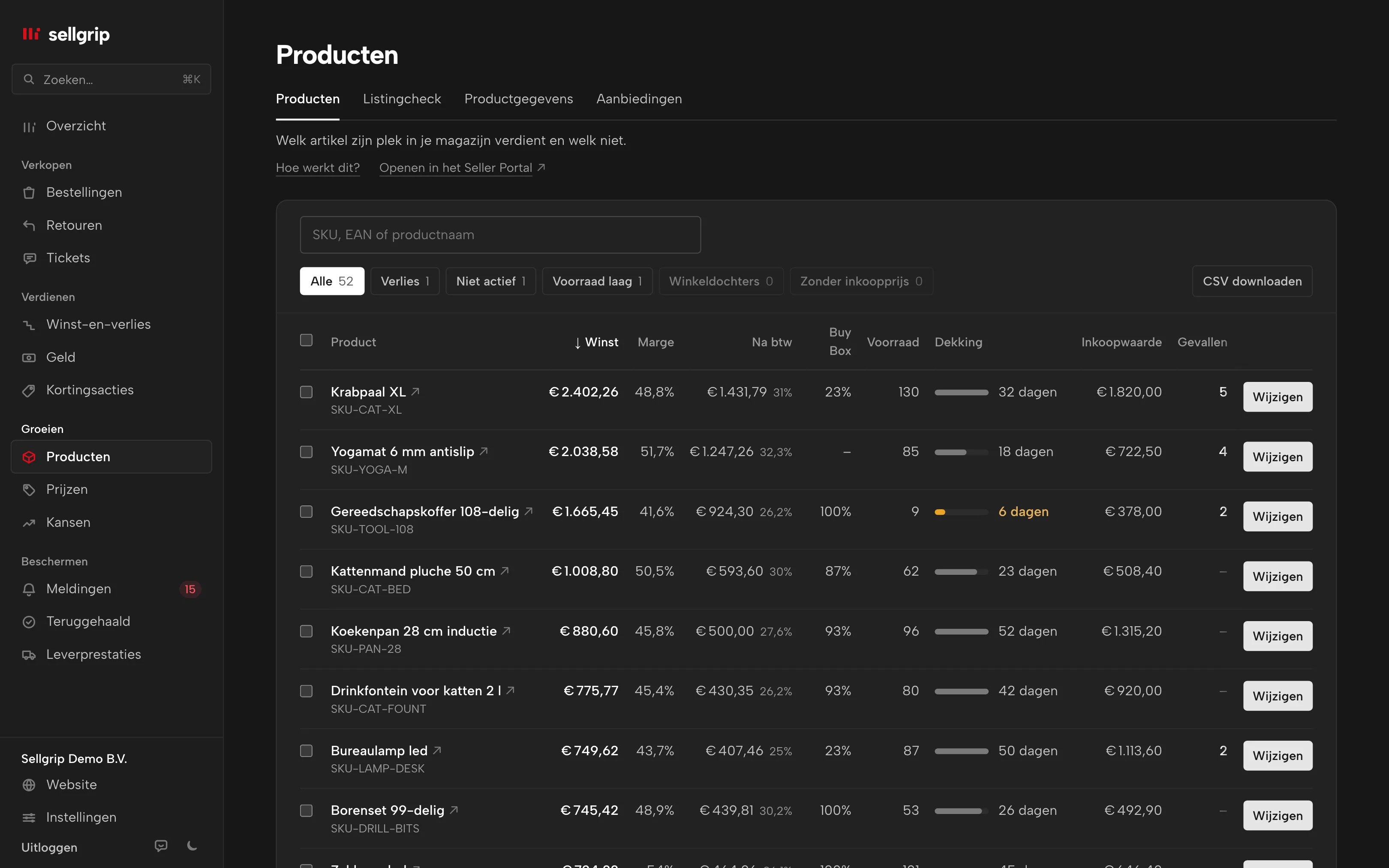 Producten in Sellgrip: winst, marge, Buy Box-aandeel, voorraad en dekking per artikel, met filters.