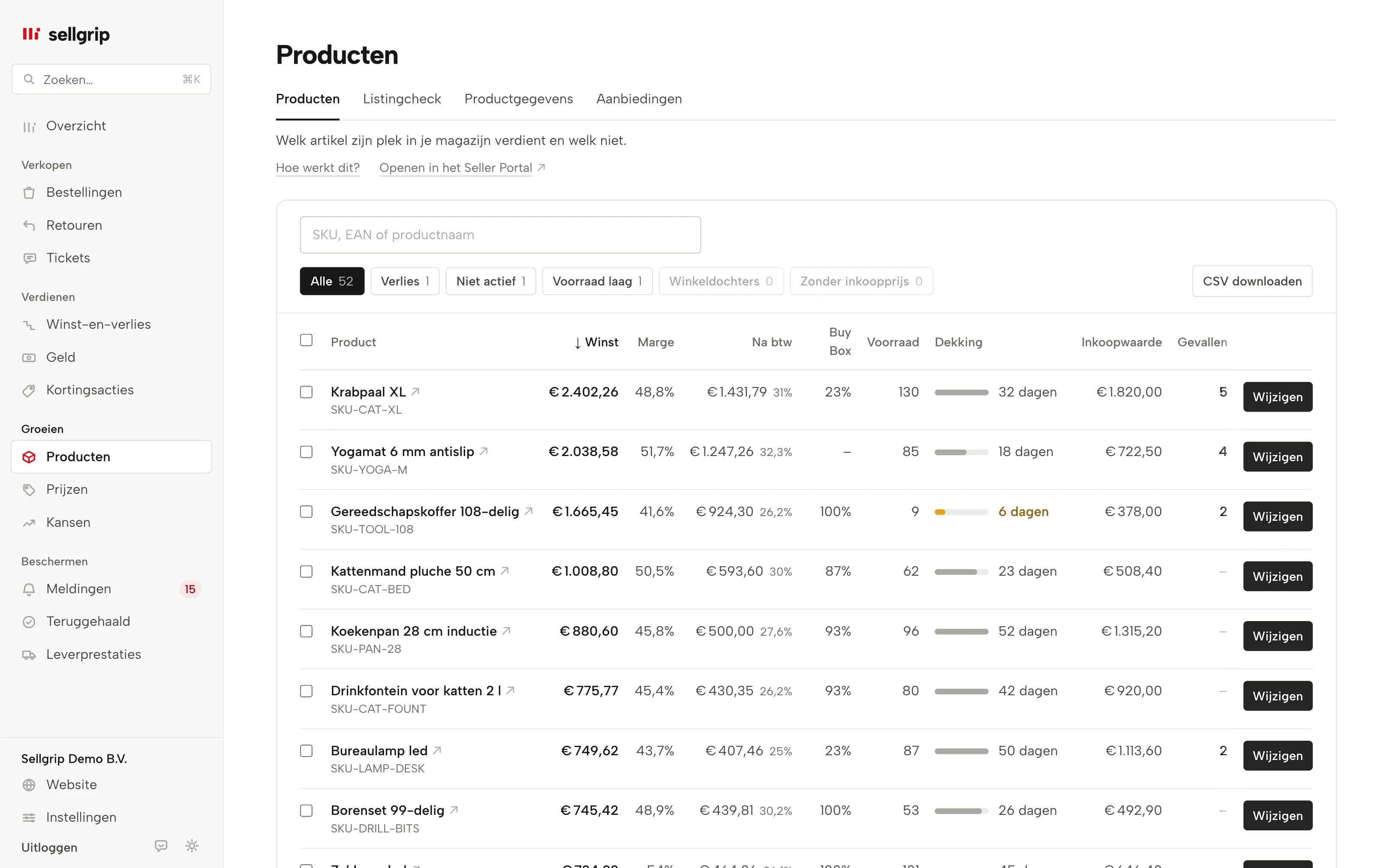 Producten in Sellgrip: winst, marge, Buy Box-aandeel, voorraad en dekking per artikel, met filters.