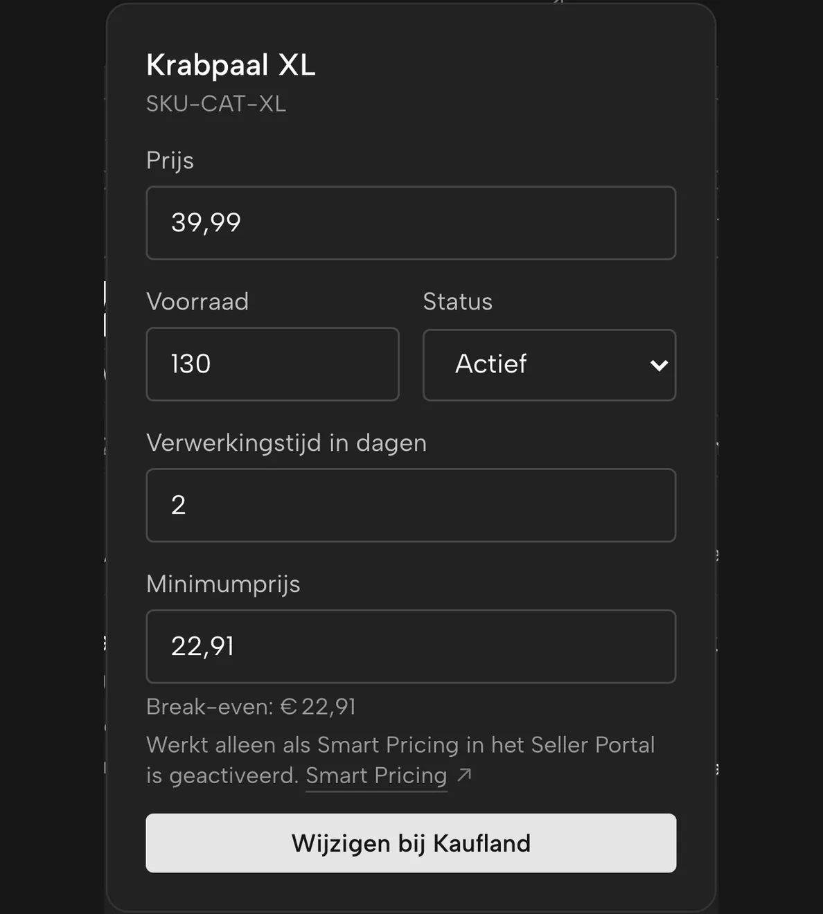 Producten in Sellgrip: minimumprijs op de break-even ingevuld, nog niet naar Kaufland verstuurd
