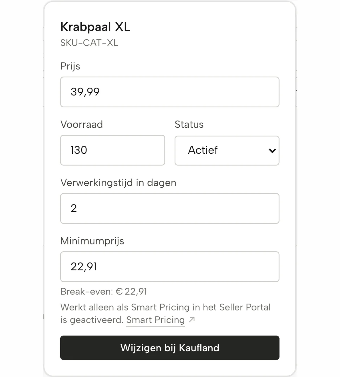 Producten in Sellgrip: minimumprijs op de break-even ingevuld, nog niet naar Kaufland verstuurd