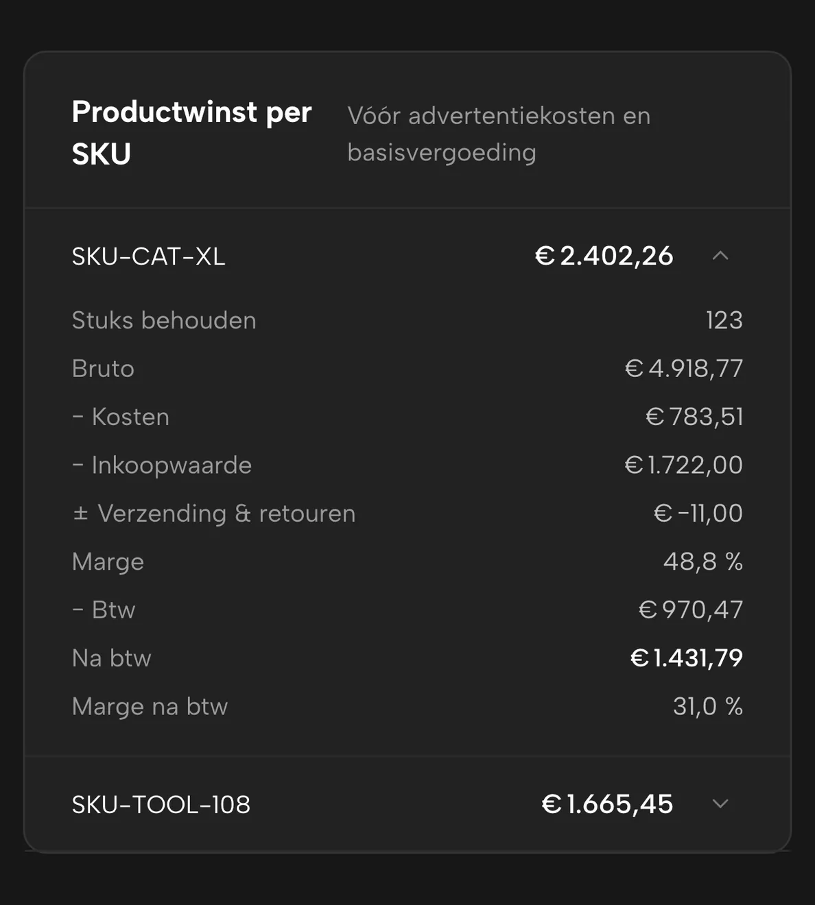 Winst-en-verlies in Sellgrip: de winst van één product opengeklapt in omzet, kosten, inkoopwaarde, verzending en btw