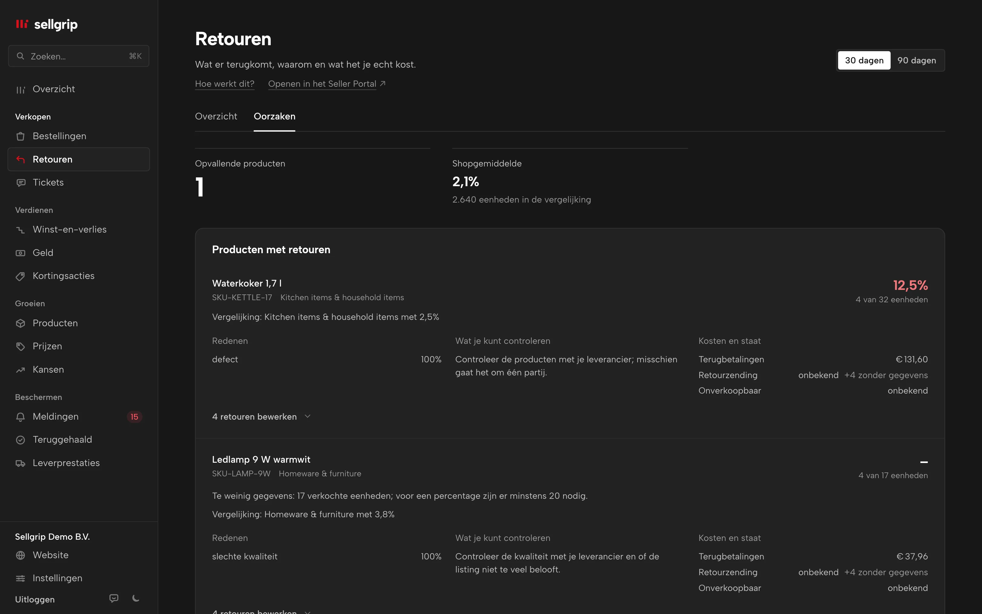 Retourradar in Sellgrip: opvallende producten, vergelijkingsbasis, retourredenen en bekende kosten.