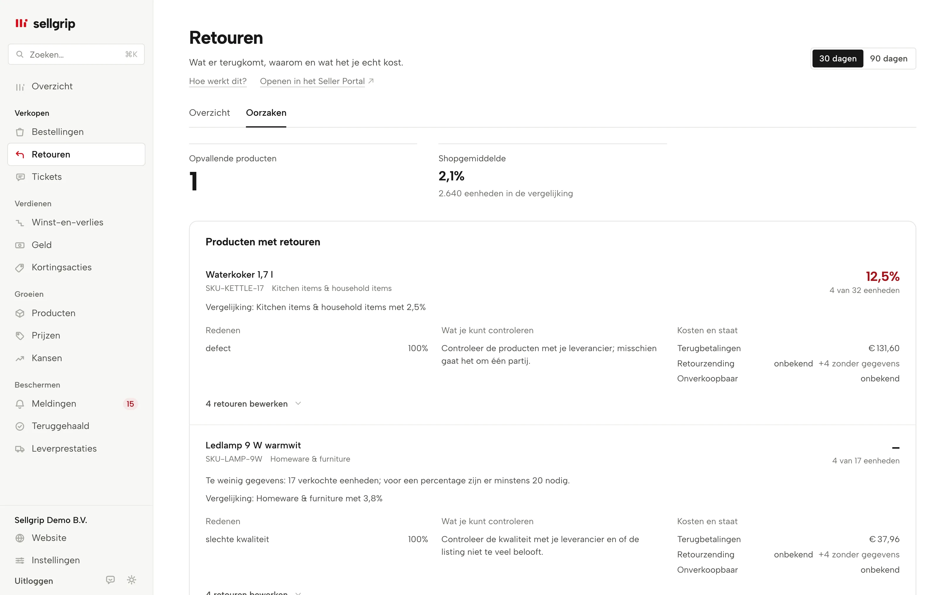Retourradar in Sellgrip: opvallende producten, vergelijkingsbasis, retourredenen en bekende kosten.