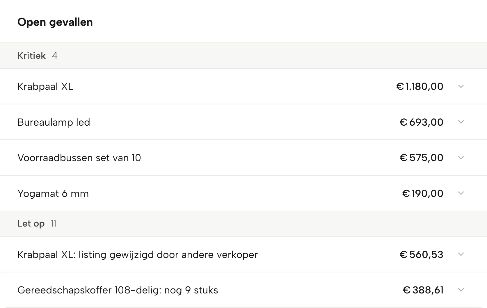 Meldingen in Sellgrip, met voorbeelddata