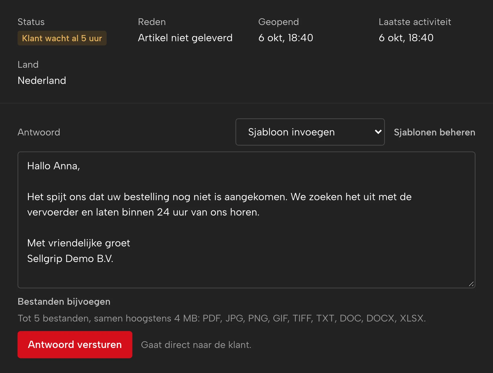 Tickets in Sellgrip, met voorbeelddata