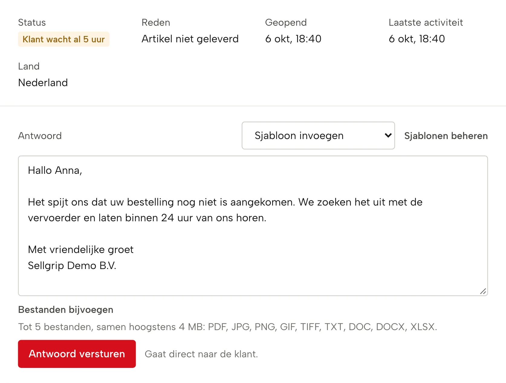 Tickets in Sellgrip, met voorbeelddata