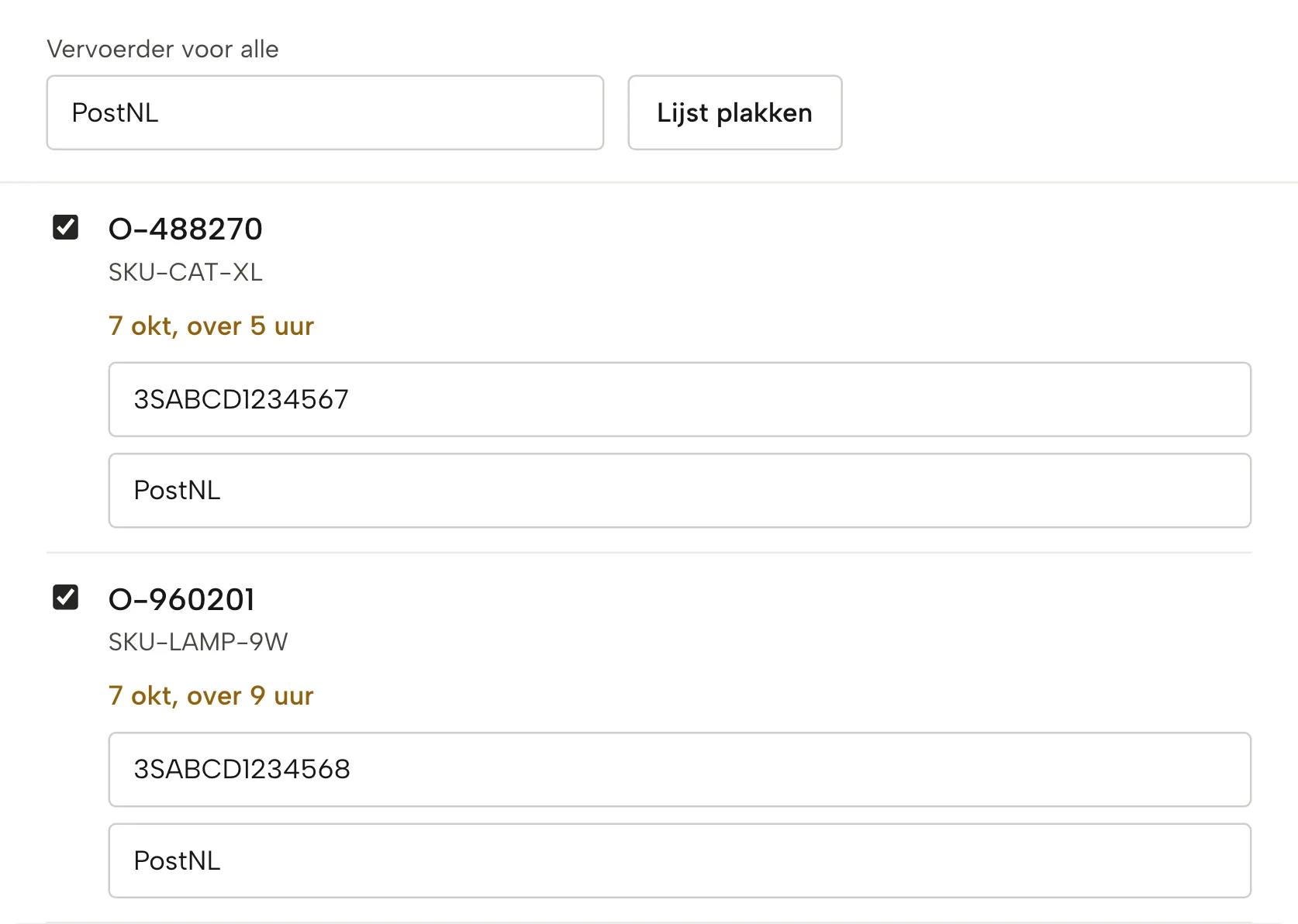 Verzending melden in Sellgrip, met voorbeelddata