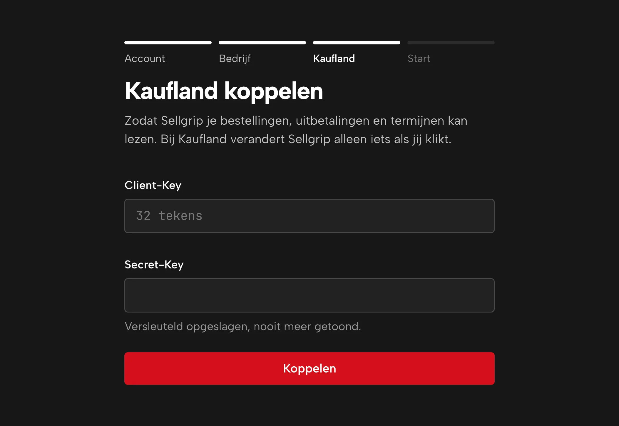 Sleutels invullen in Sellgrip, met voorbeelddata