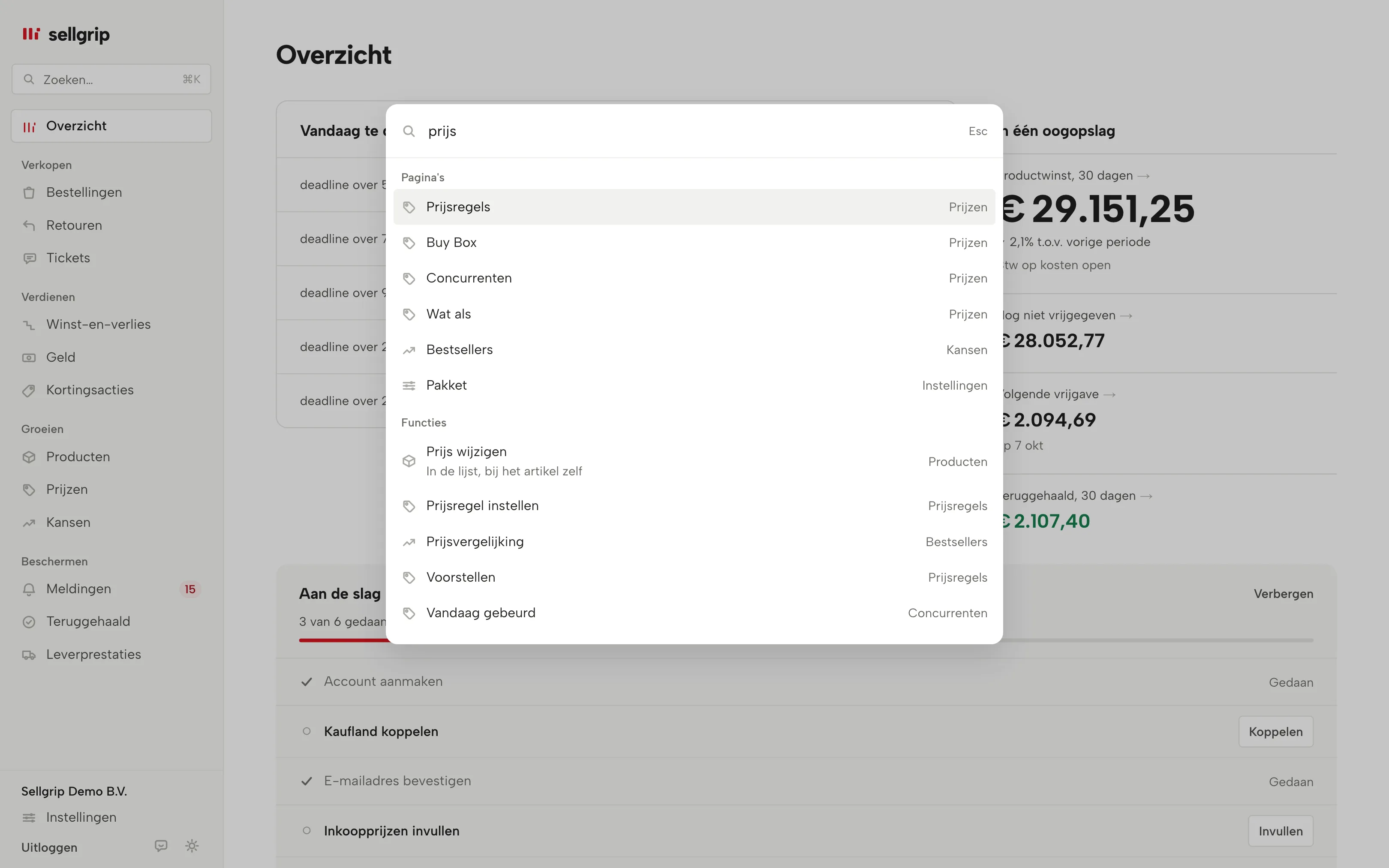 Zoeken in Sellgrip, geopend met ⌘K: pagina’s en de functies erin voor het woord “prijs”.