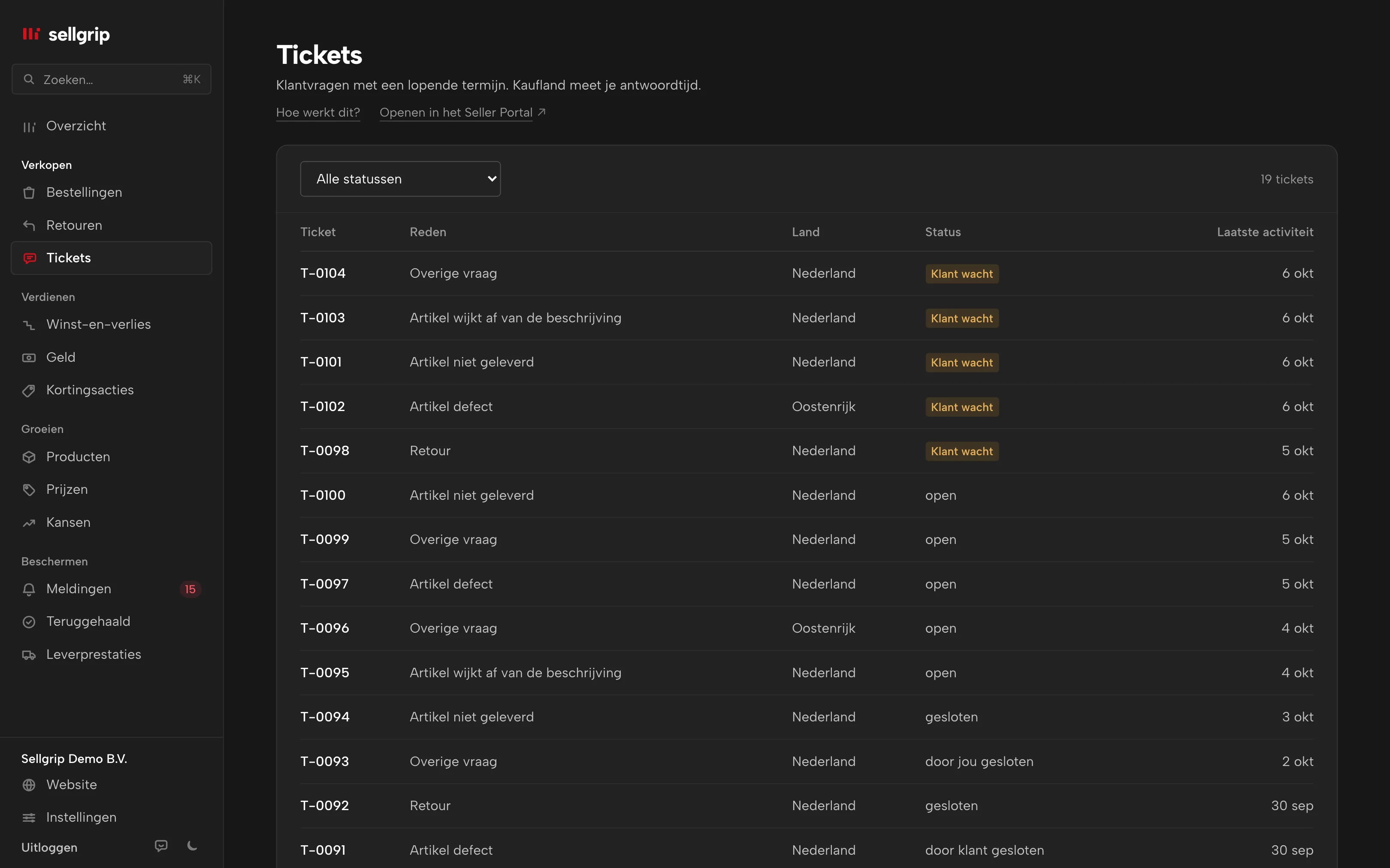 Tickets in Sellgrip: reden, land en de status Klant wacht.