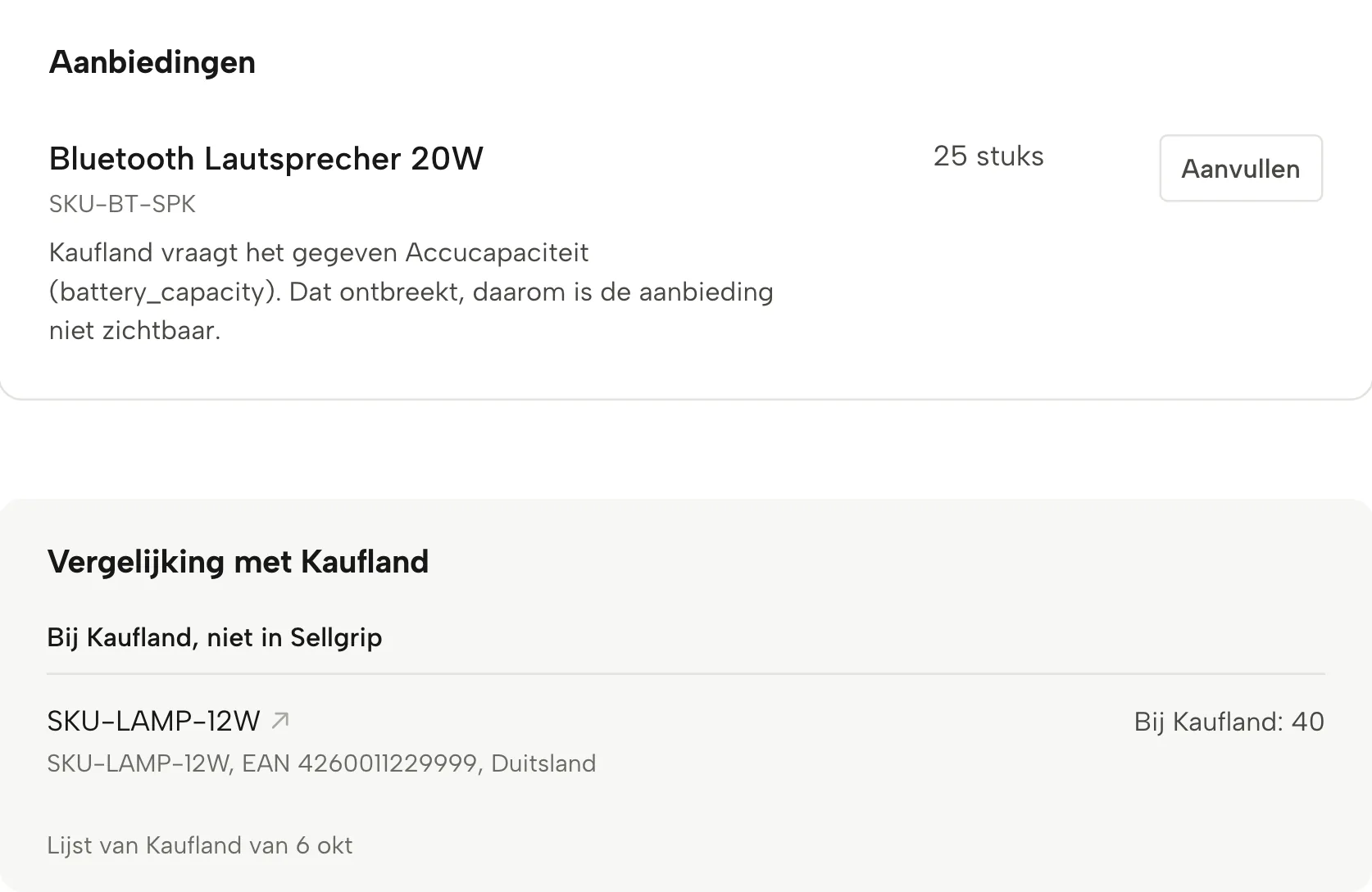 Listingcheck in Sellgrip, met voorbeelddata