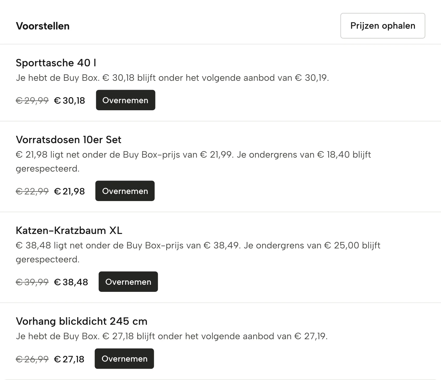 Prijsregels in Sellgrip, met voorbeelddata