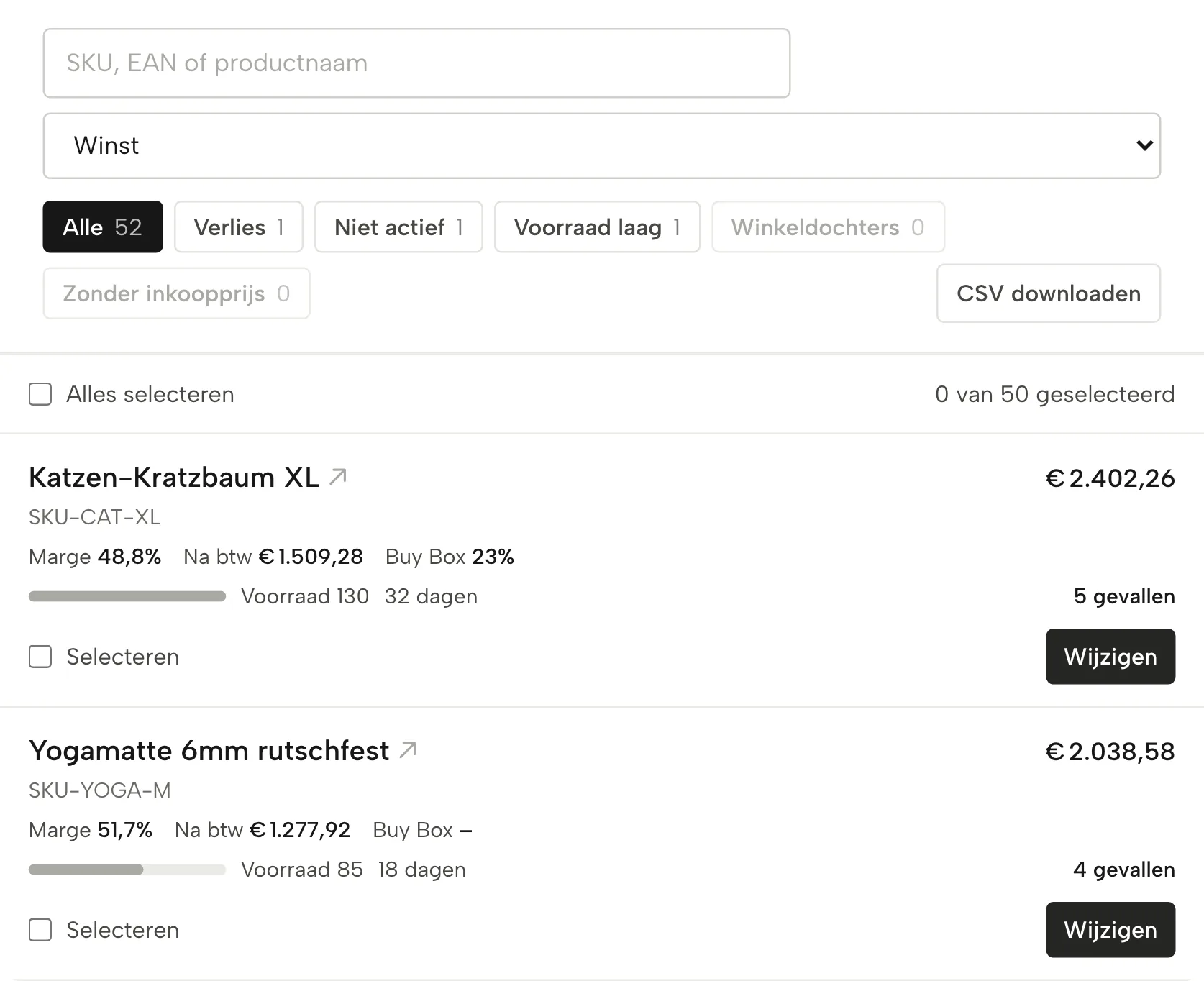 Producten in Sellgrip, met voorbeelddata