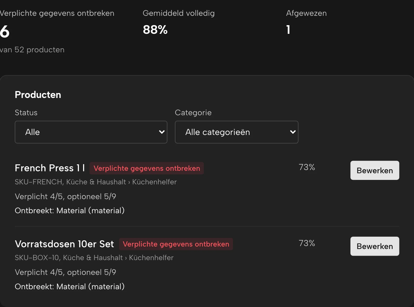 Productgegevens in Sellgrip, met voorbeelddata