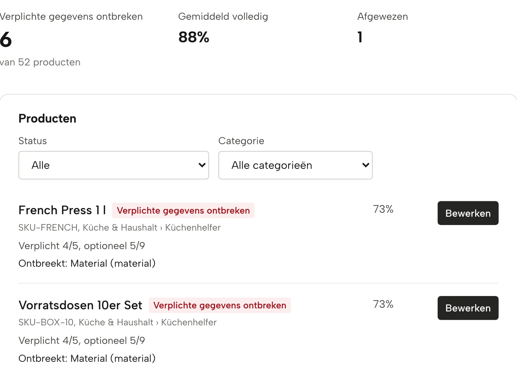 Productgegevens in Sellgrip, met voorbeelddata