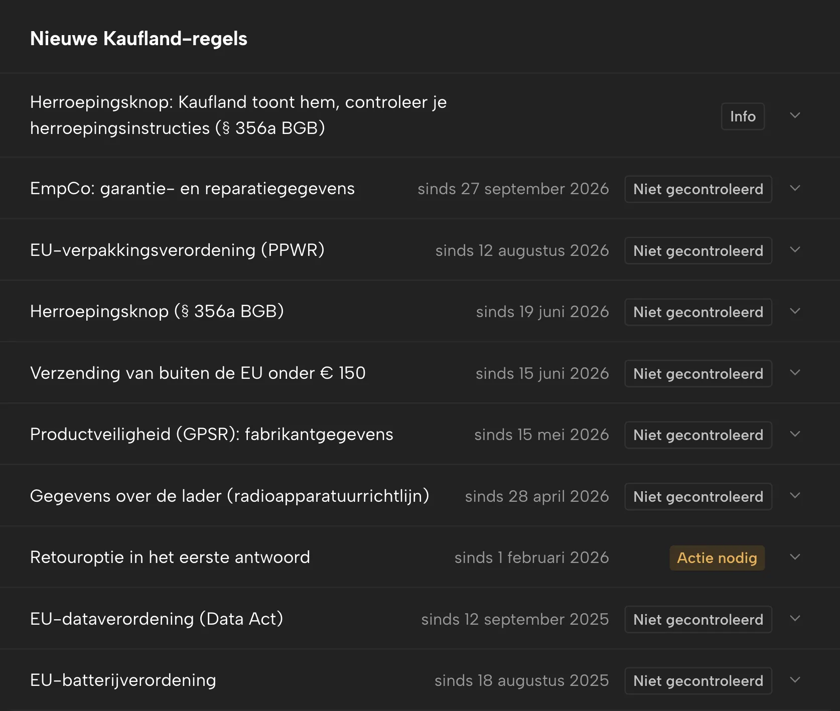 Regelkalender in Sellgrip, met voorbeelddata