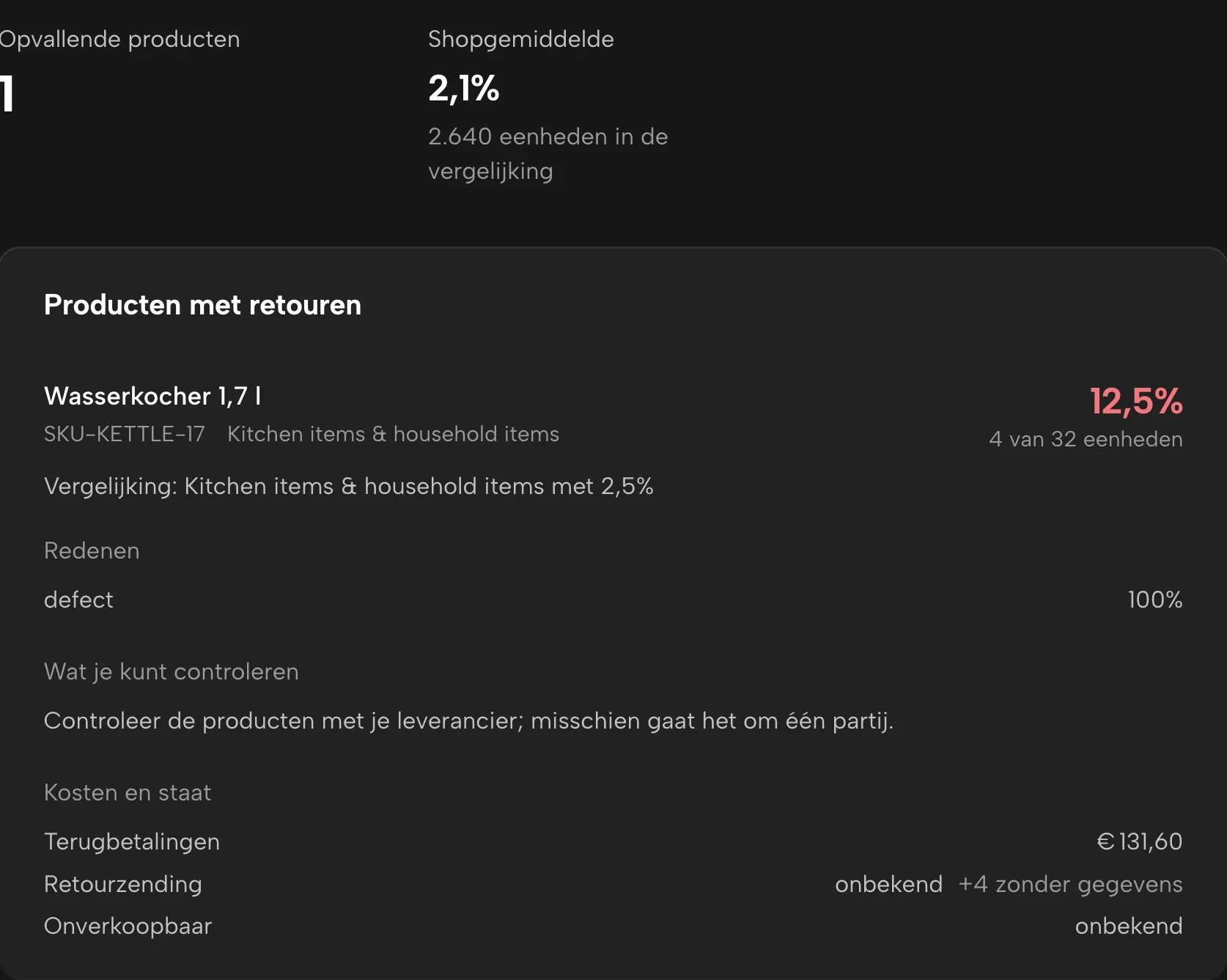 Retourradar in Sellgrip, met voorbeelddata