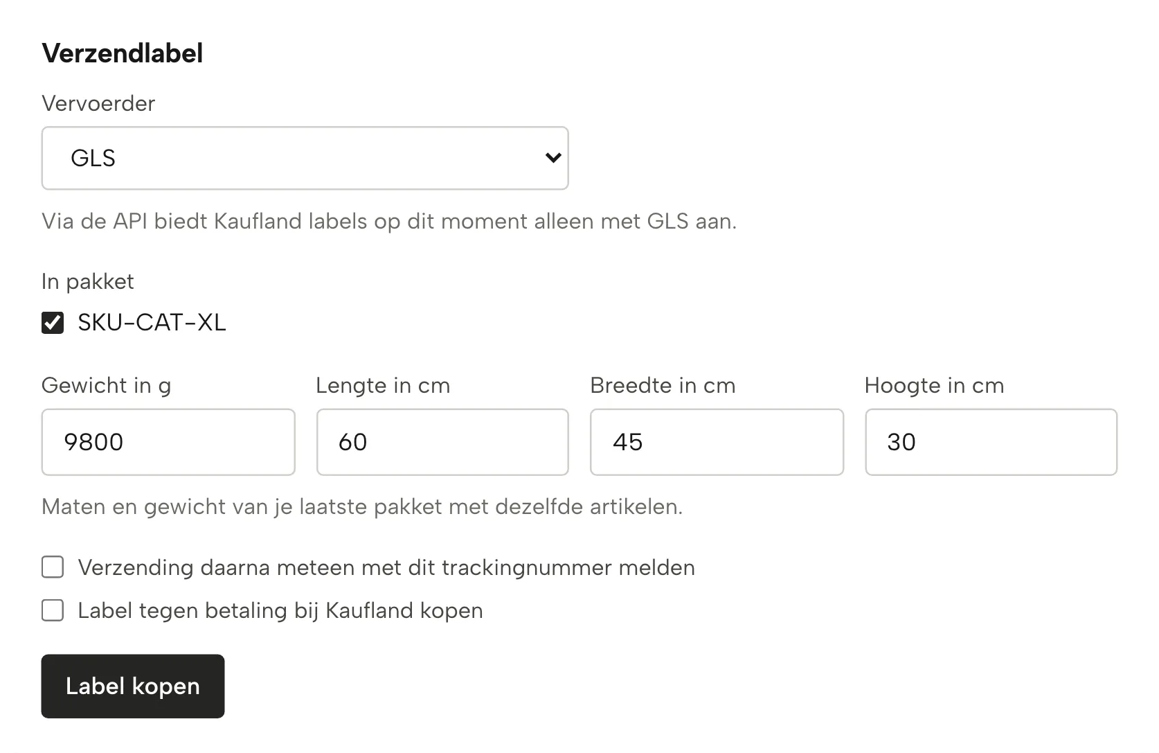 Verzendlabels in Sellgrip, met voorbeelddata