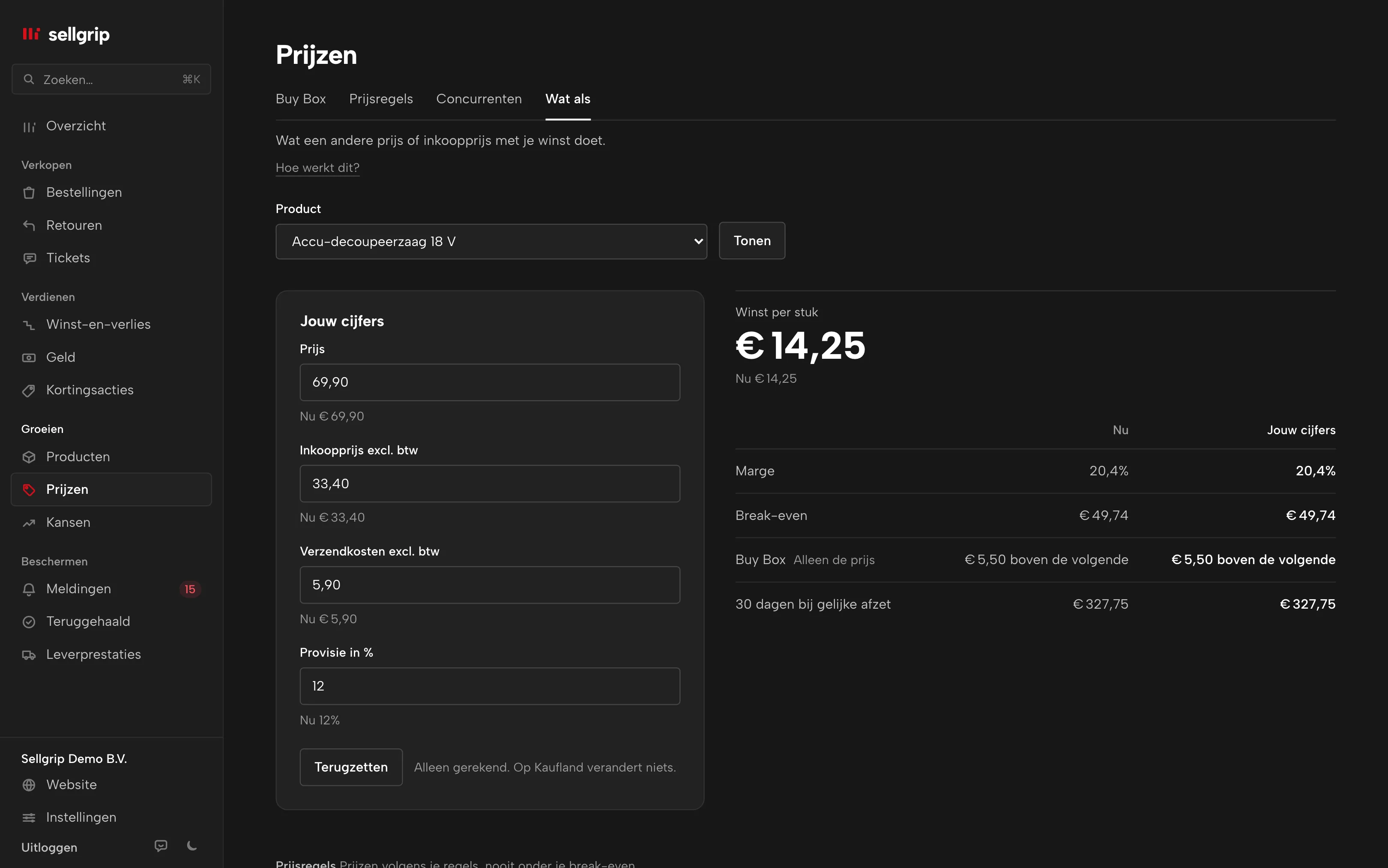 Wat als in Sellgrip: prijs, inkoop en verzending voor een product aanpassen en direct winst per stuk, marge en break-even zien.