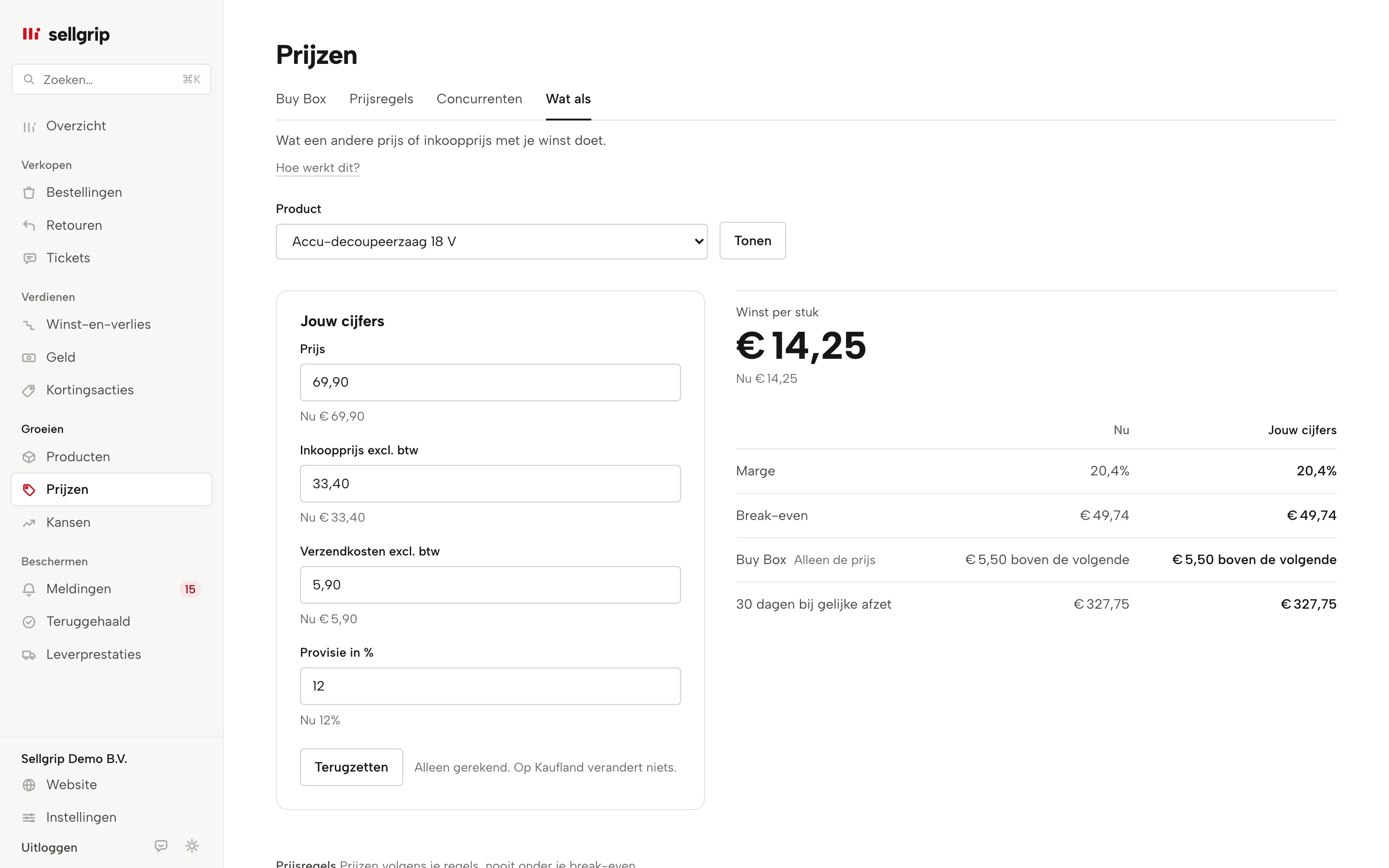 Wat als in Sellgrip: prijs, inkoop en verzending voor een product aanpassen en direct winst per stuk, marge en break-even zien.