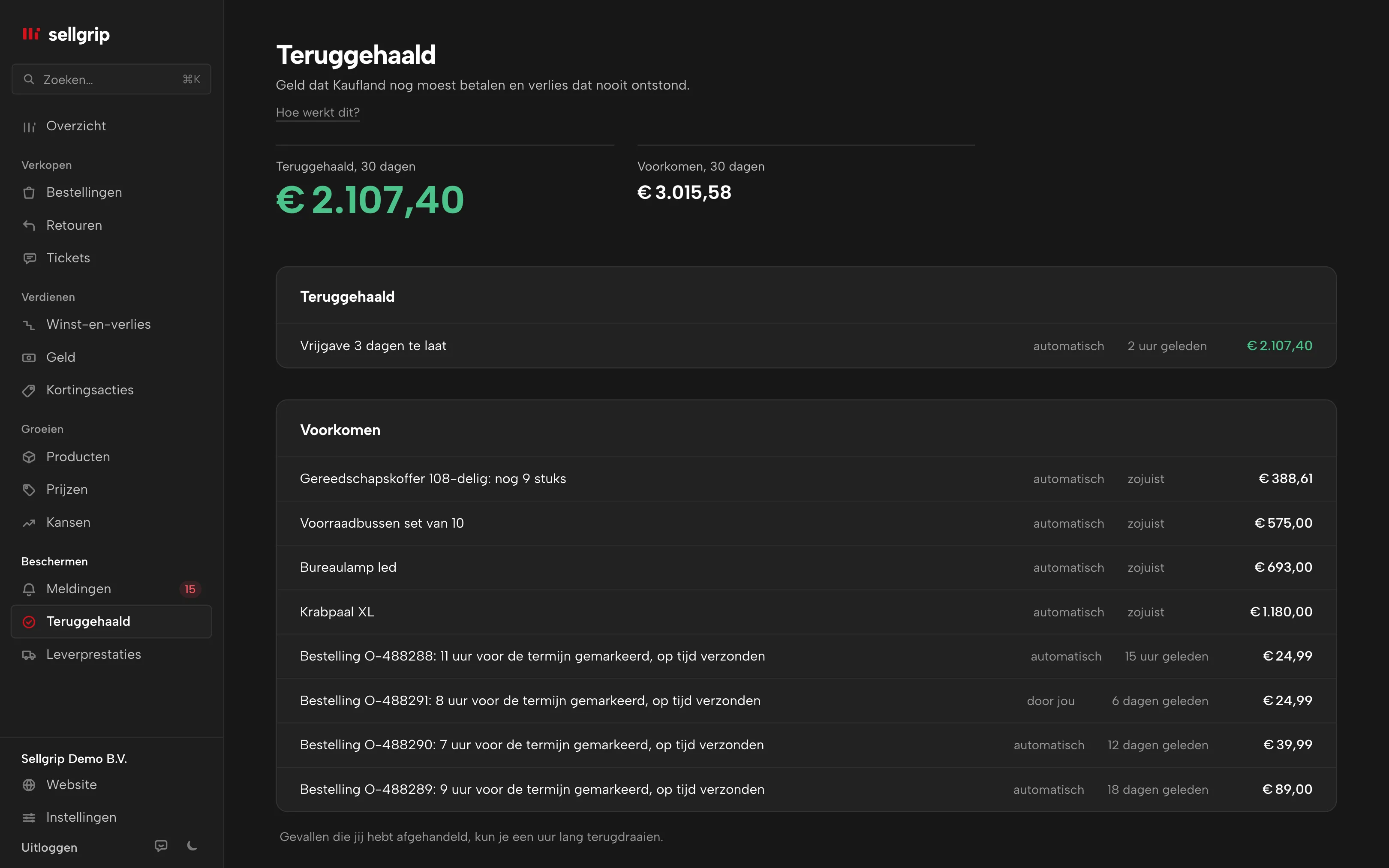 Teruggehaald in Sellgrip: twee totalen en de boekingen met bedrag.