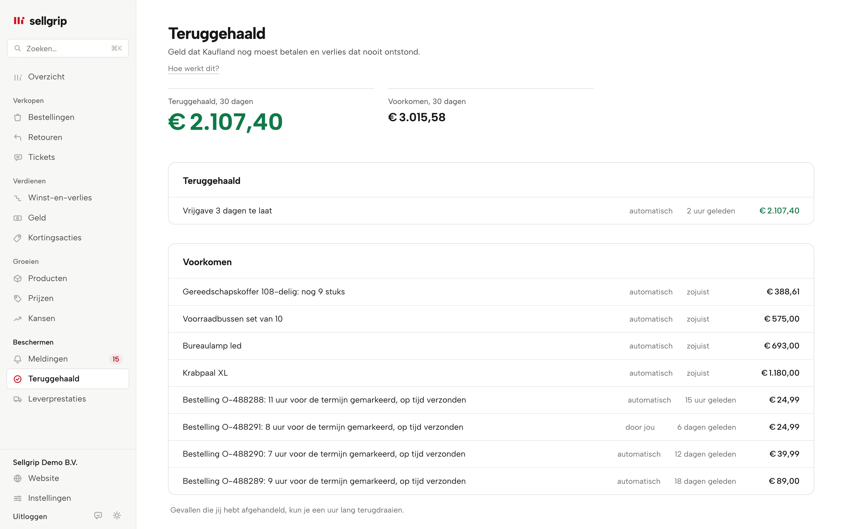 Teruggehaald in Sellgrip: twee totalen en de boekingen met bedrag.