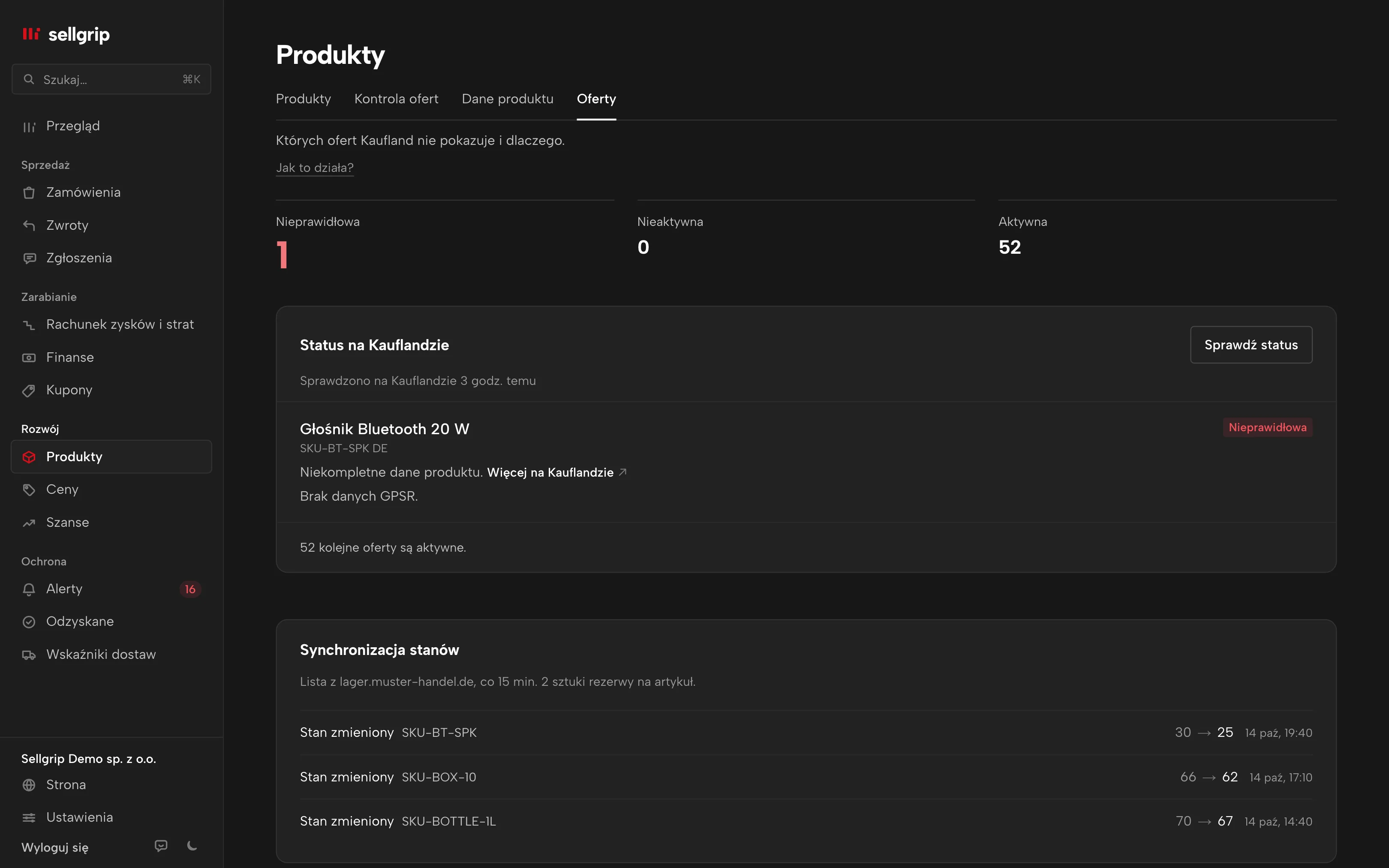 Oferty w Sellgrip: status każdej oferty na Kauflandzie i synchronizacja stanów.