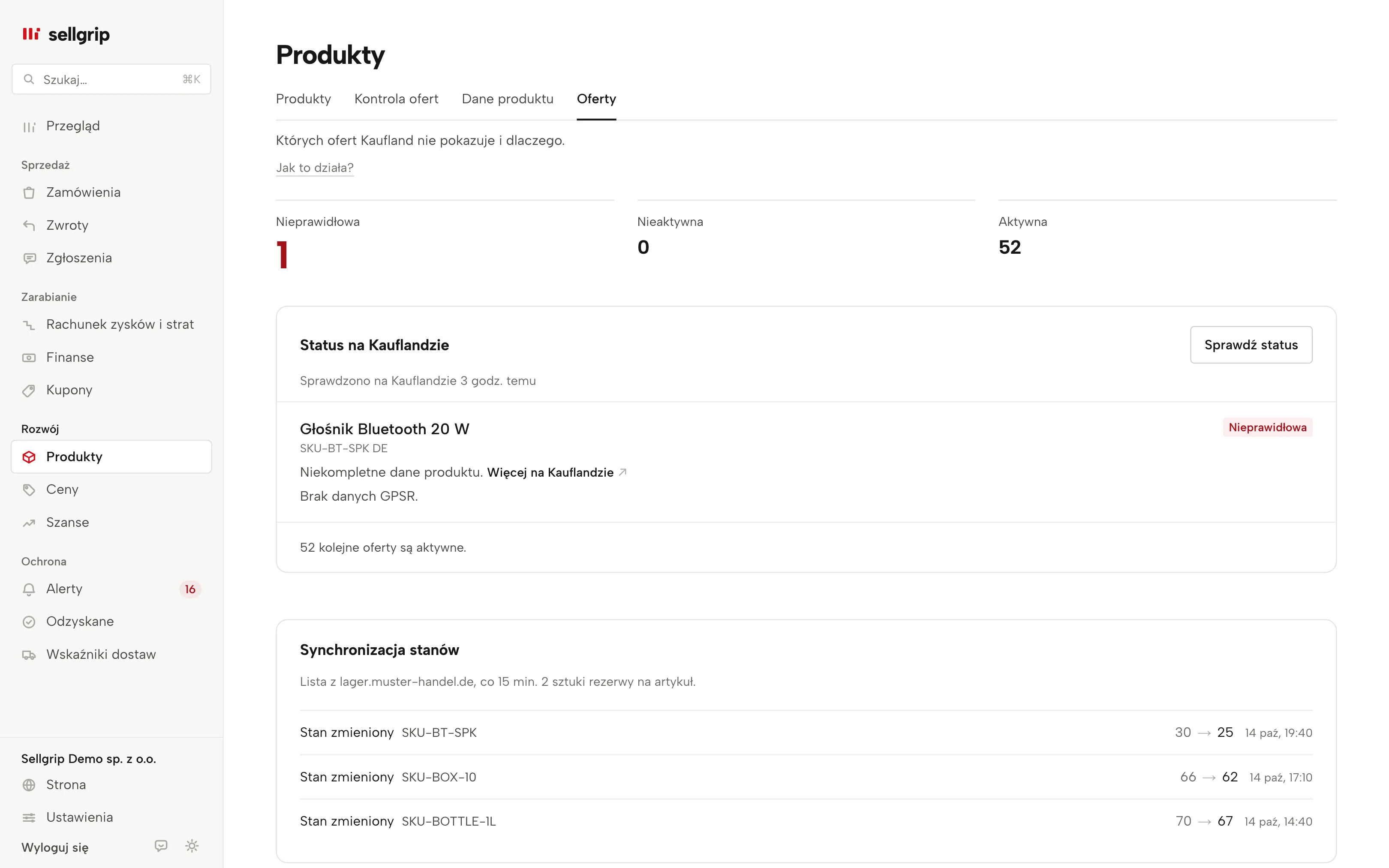 Oferty w Sellgrip: status każdej oferty na Kauflandzie i synchronizacja stanów.