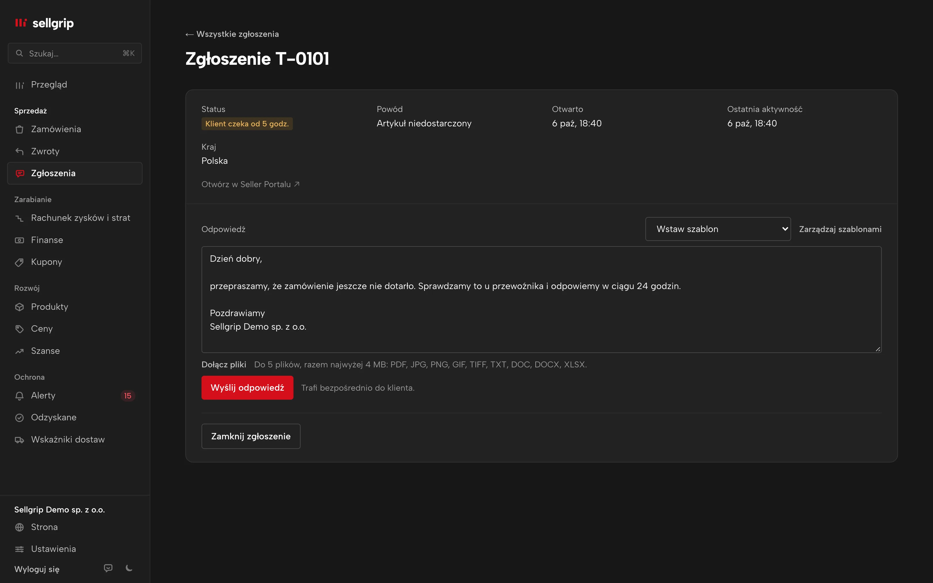 Zgłoszenie w Sellgripie z rozmową kupującego i wstawionym szablonem odpowiedzi, imię i numer zamówienia już uzupełnione.