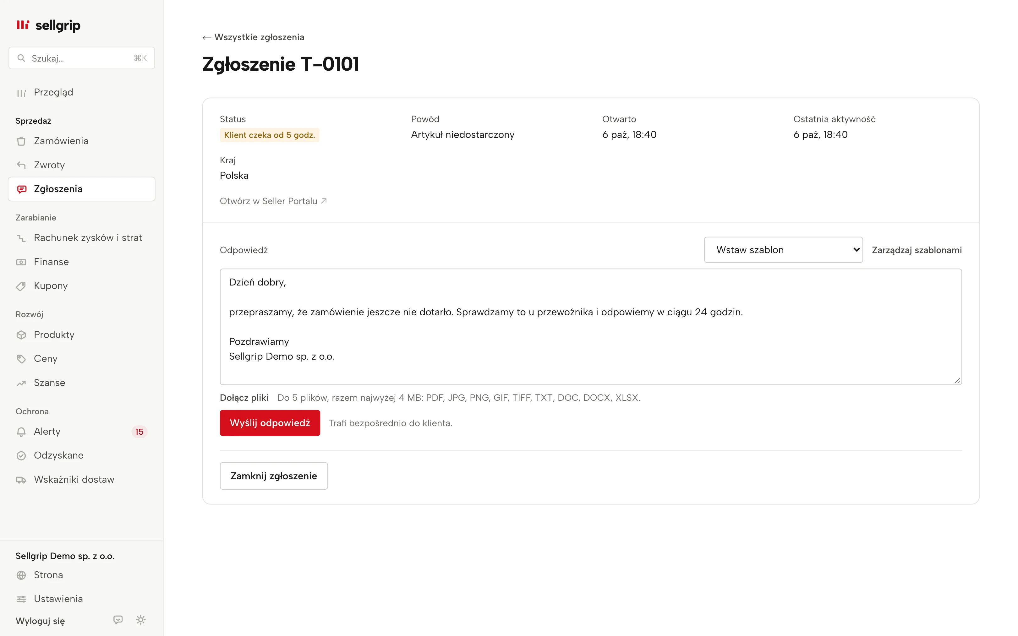 Zgłoszenie w Sellgripie z rozmową kupującego i wstawionym szablonem odpowiedzi, imię i numer zamówienia już uzupełnione.